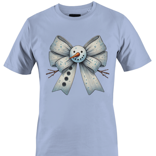 Light blue t-shirt with a snowman themed bow by Monkey's Creations. 