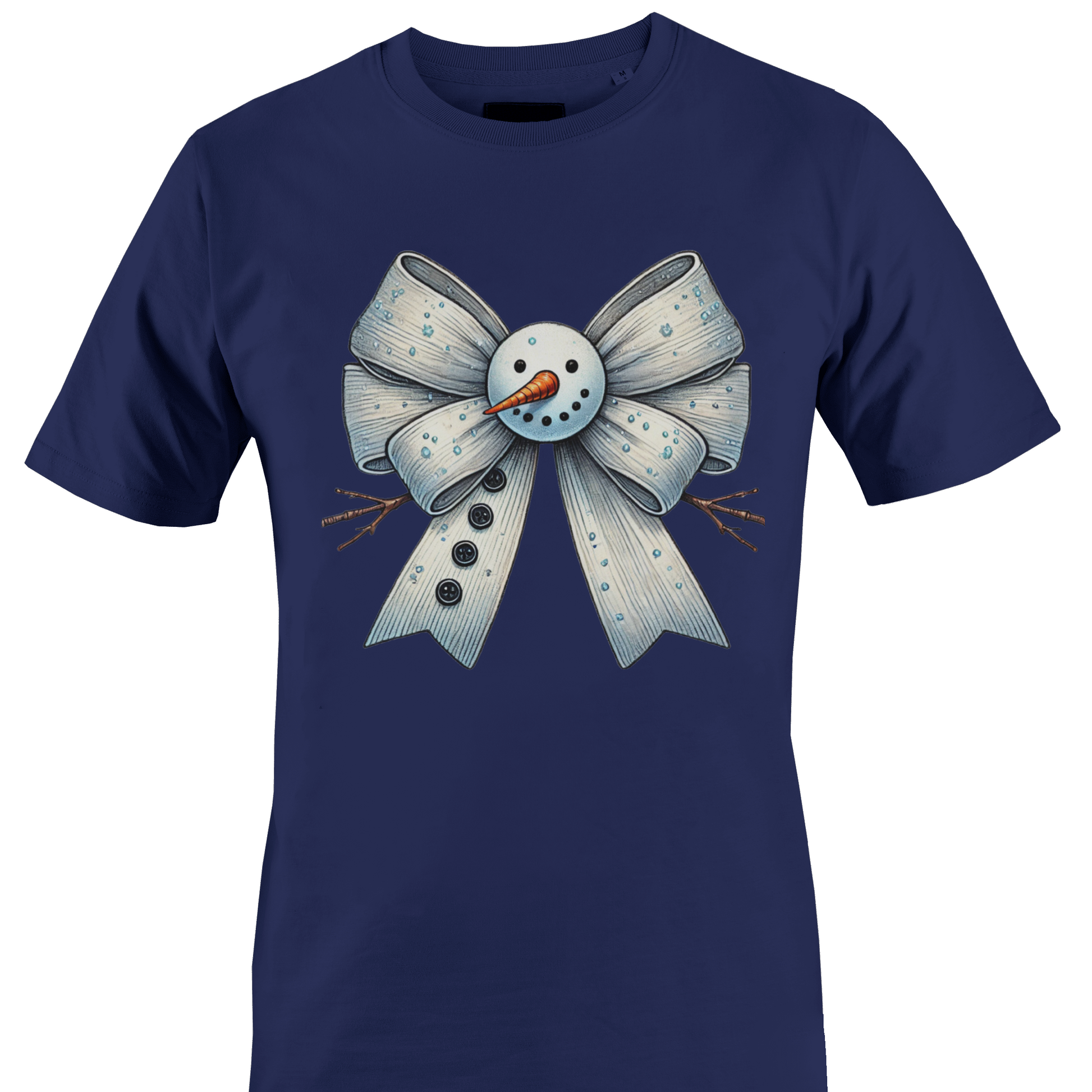 Navy blue t-shirt with a snowman themed bow by Monkey's Creations. 