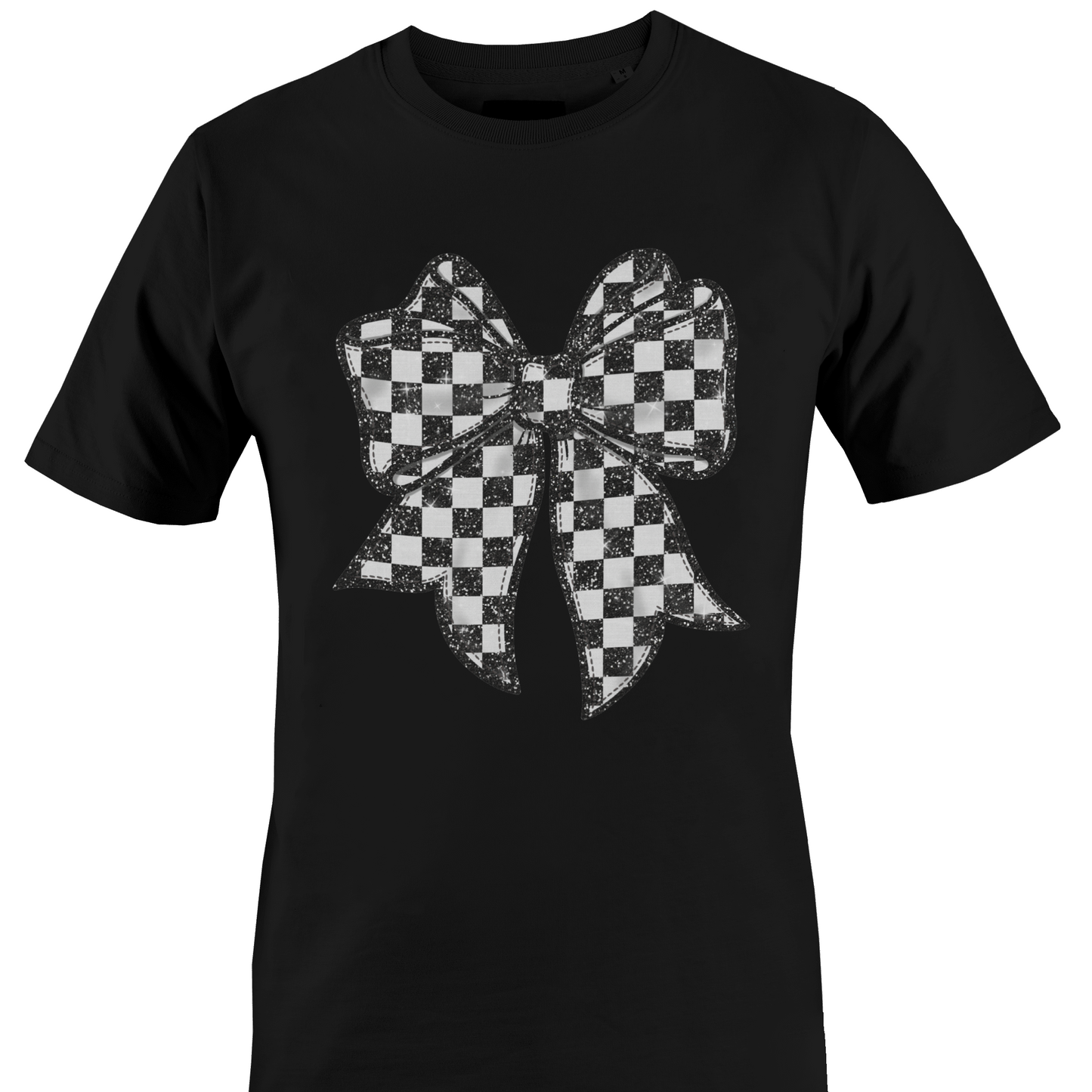Black  t-shirt with a black and white checkered bow design by Monkey's Creations