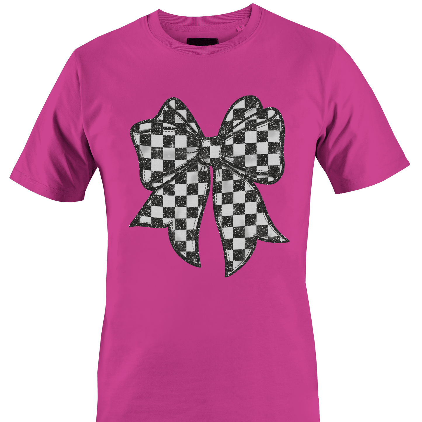 Dark Pink t-shirt with a black and white checkered bow design by Monkey's Creations