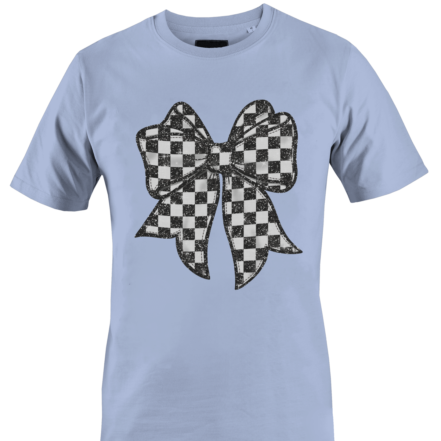 Light blue t-shirt with a black and white checkered bow design by Monkey's Creations