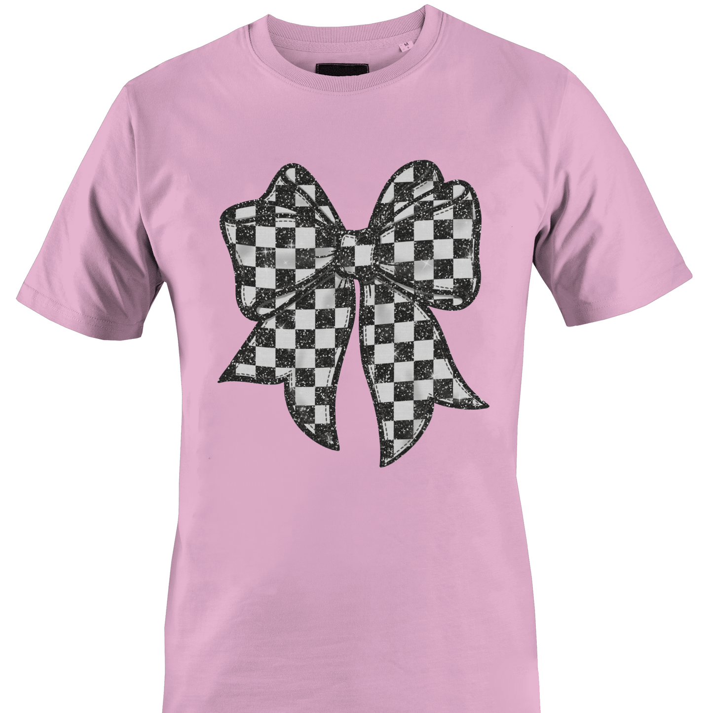 Light pink t-shirt with a black and white checkered bow design by Monkey's Creations
