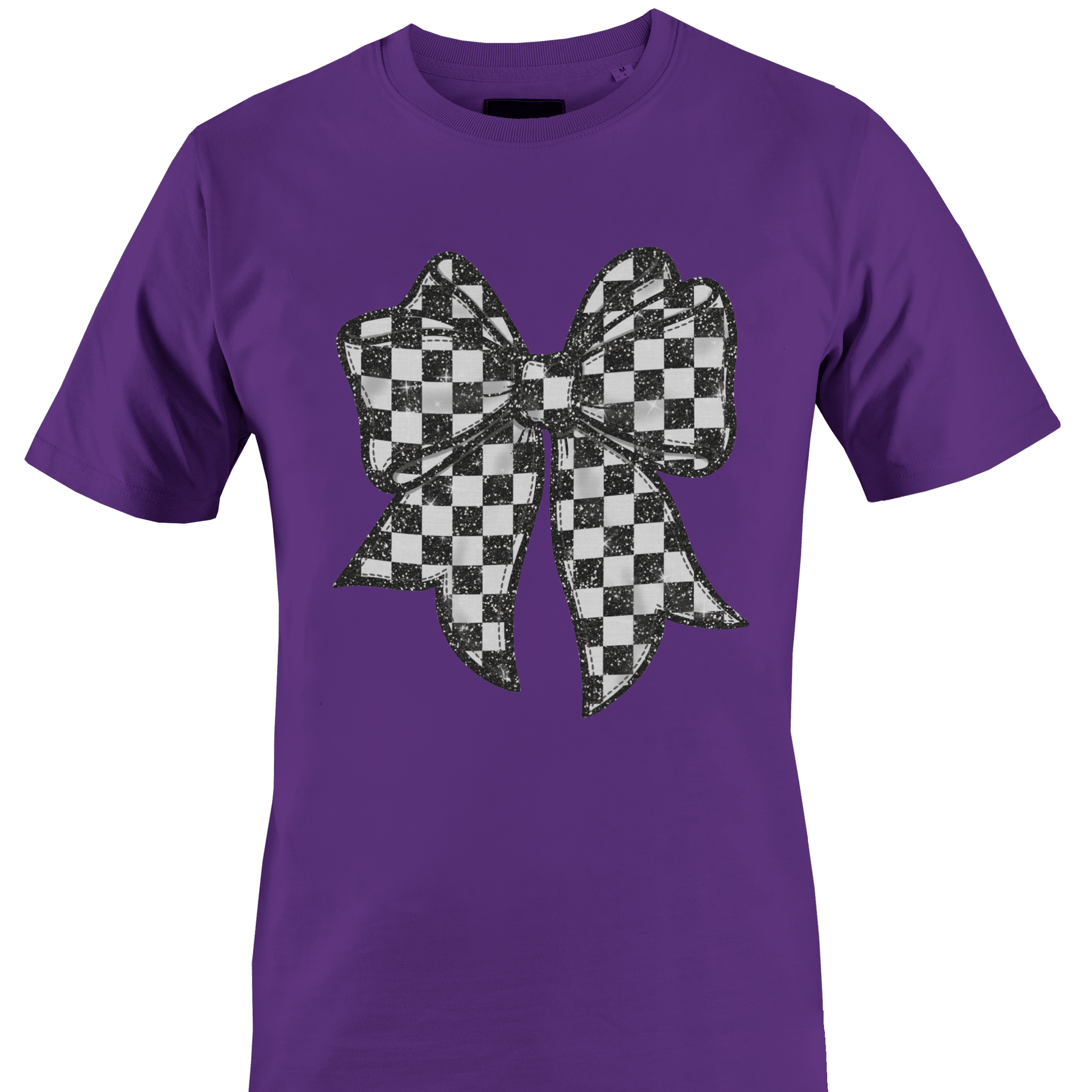 Purple t-shirt with a black and white checkered bow design by Monkey's Creations