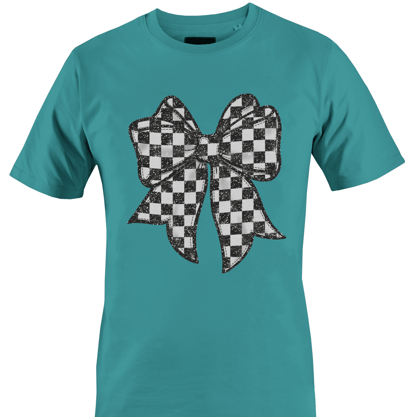 Teal t-shirt with a black and white checkered bow design by Monkey's Creations