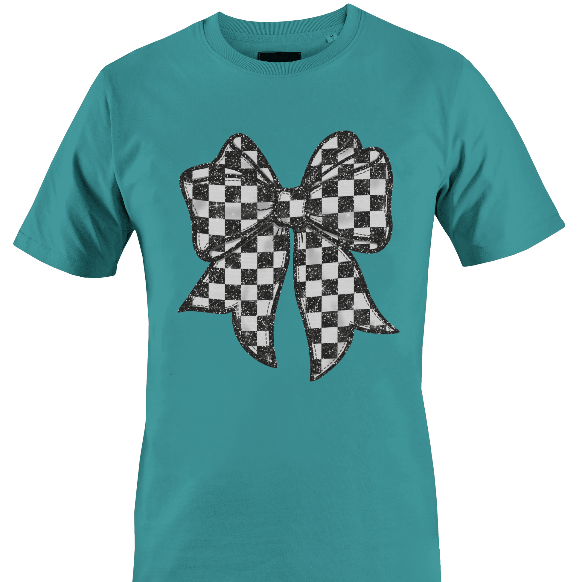 Teal t-shirt with a black and white checkered bow design by Monkey's Creations
