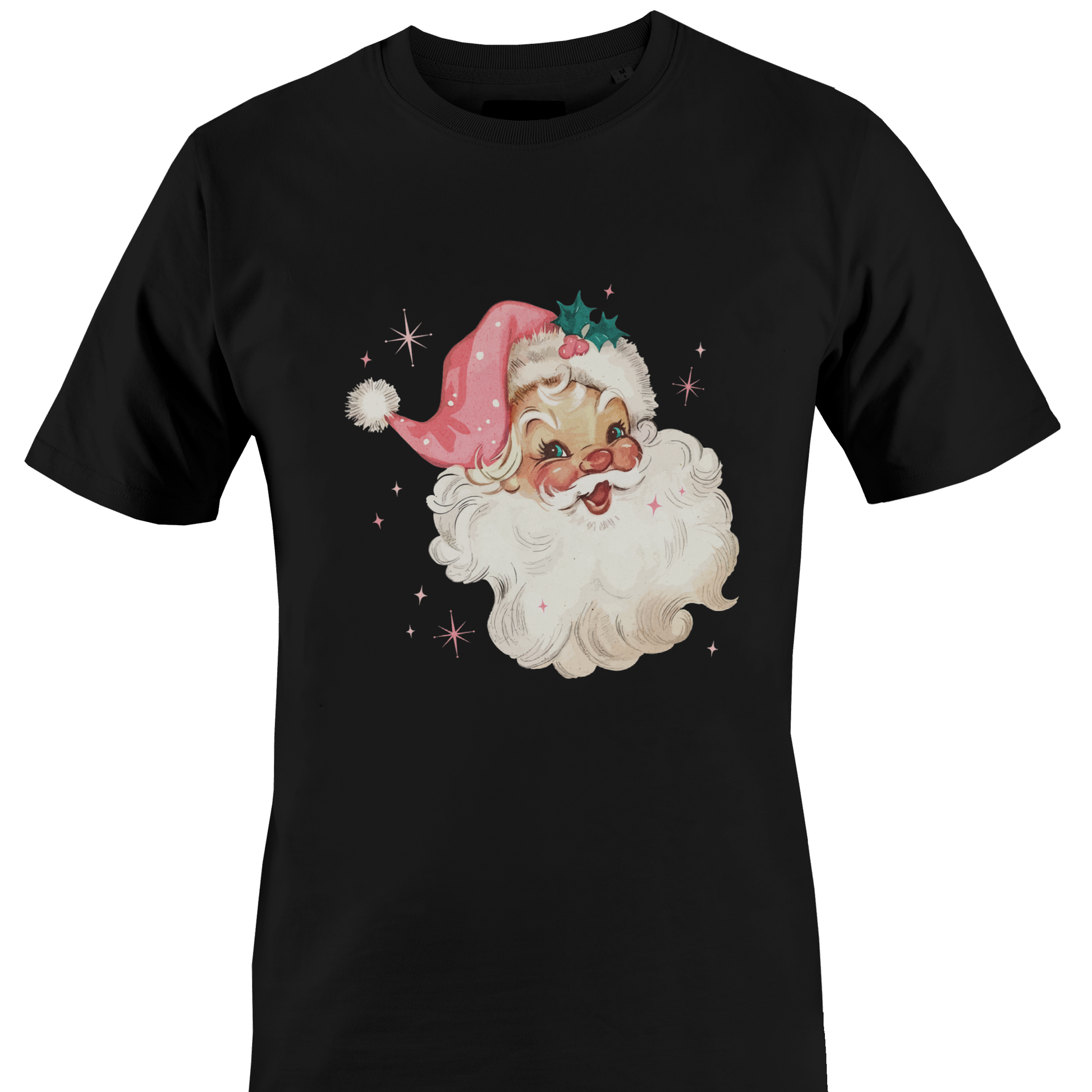 Black t-shirt with a vintage santa with starbursts by Monkey's Creations.