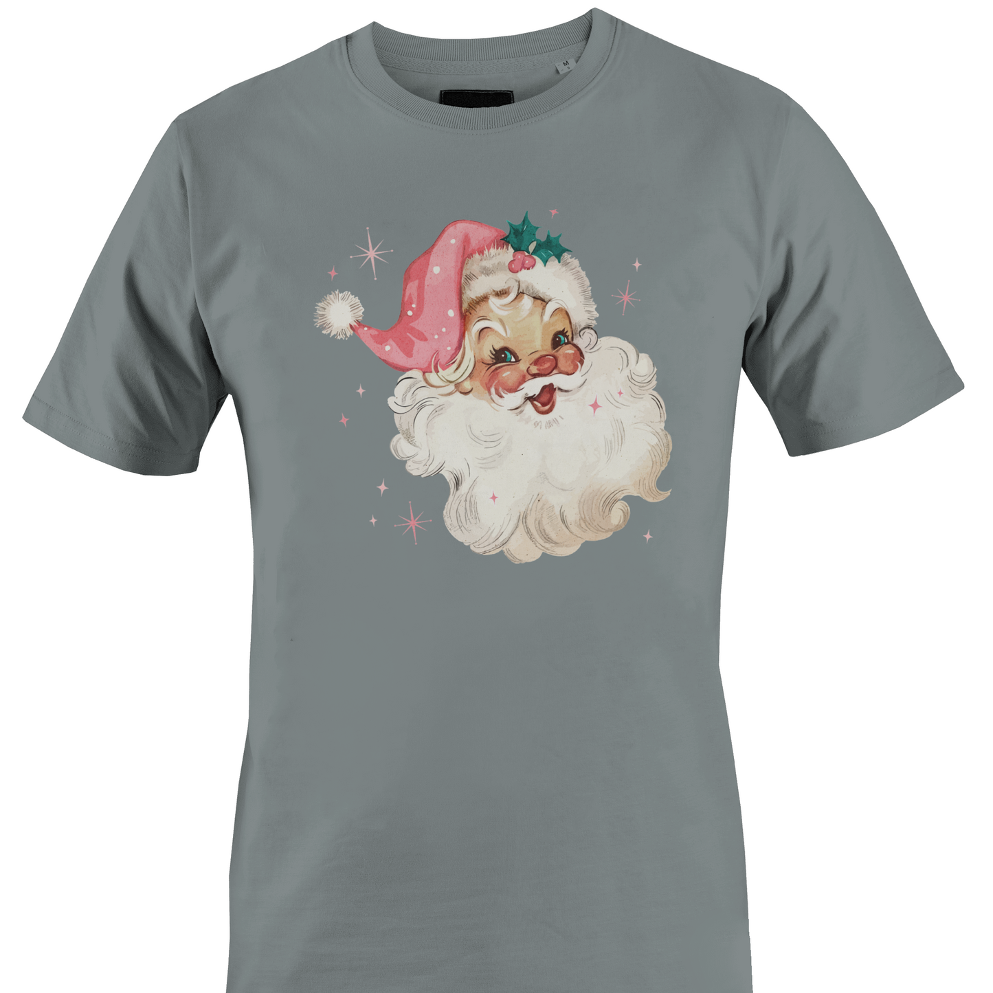 Grey t-shirt with a vintage santa with starbursts by Monkey's Creations.
