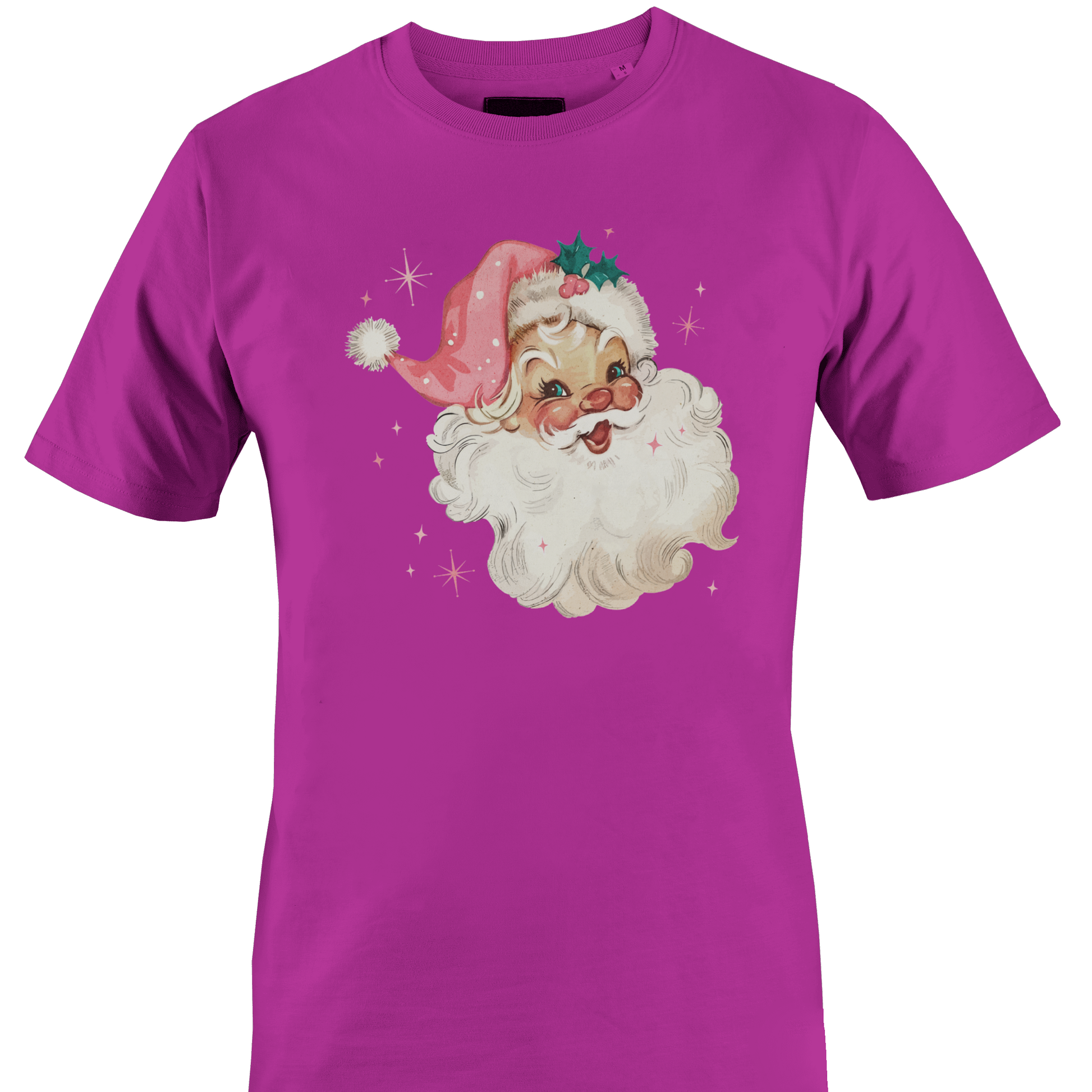 Dark Pink t-shirt with a vintage santa with starbursts by Monkey's Creations.