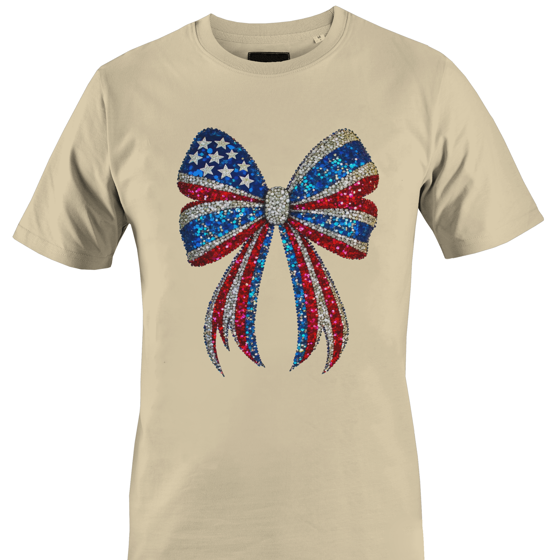 Beige t-shirt with a sparkly USA themed bow design