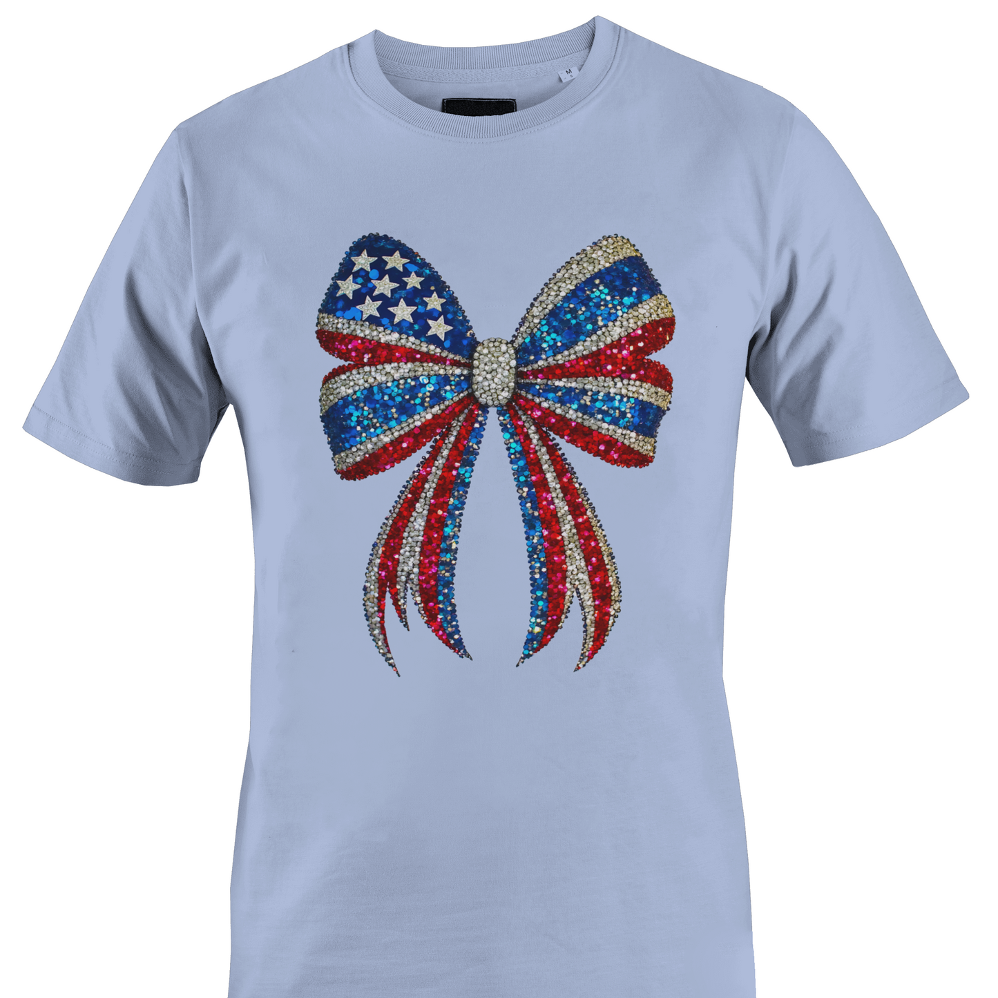 Light blue t-shirt with a sparkly USA themed bow design
