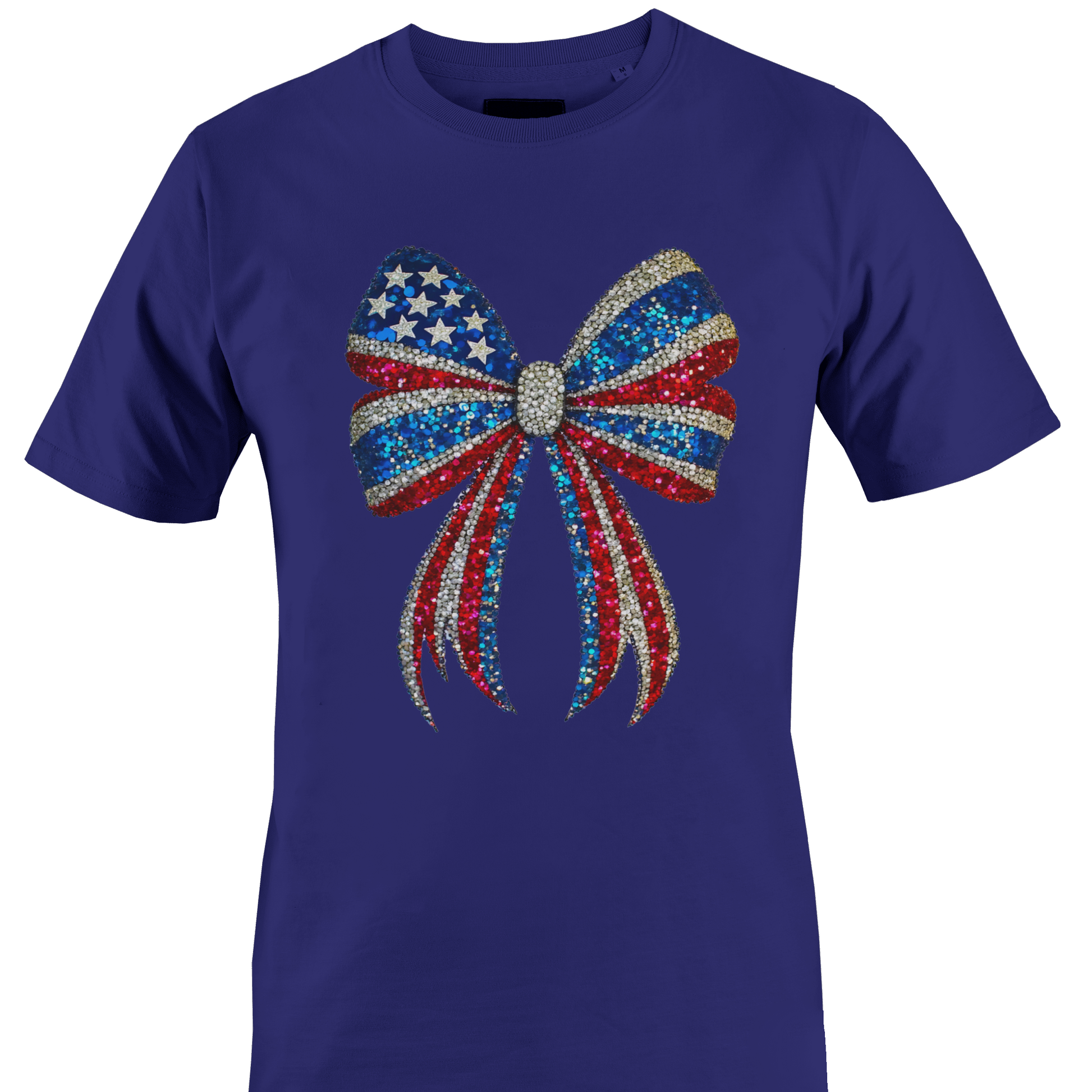 Royal blue t-shirt with a sparkly USA themed bow design