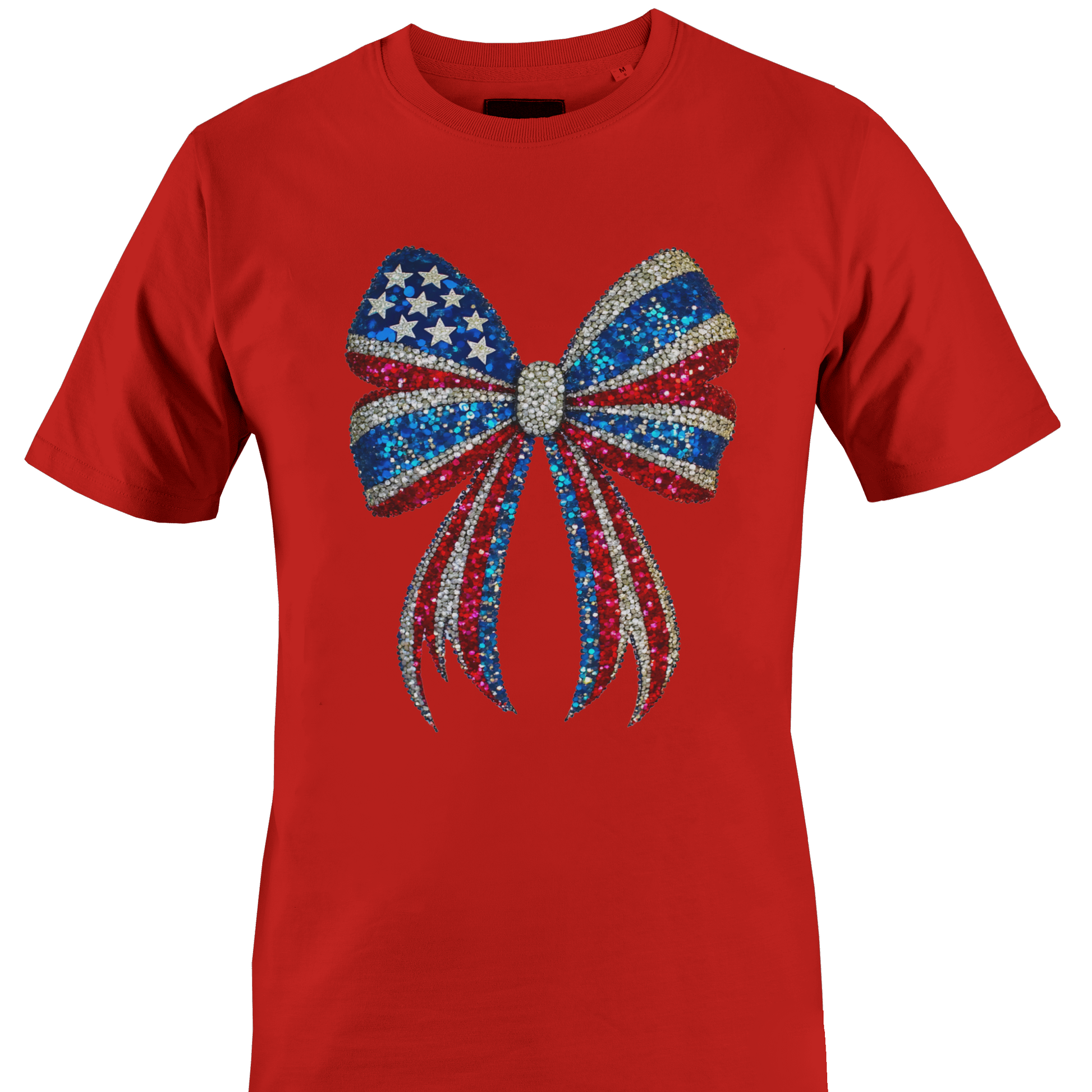 Red t-shirt with a sparkly USA themed bow design