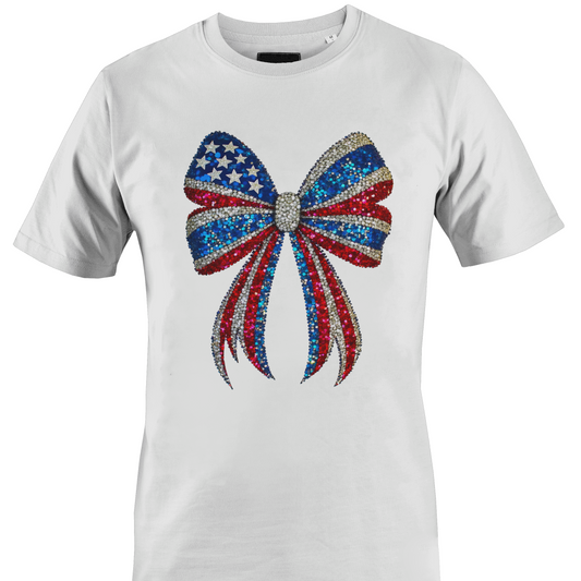 White t-shirt with a sparkly USA themed bow design