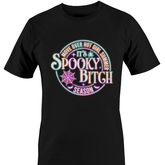 Black t-shirt with colorful Halloween elements and text "...Spooky Bitch..." by Monkey's Creations. 