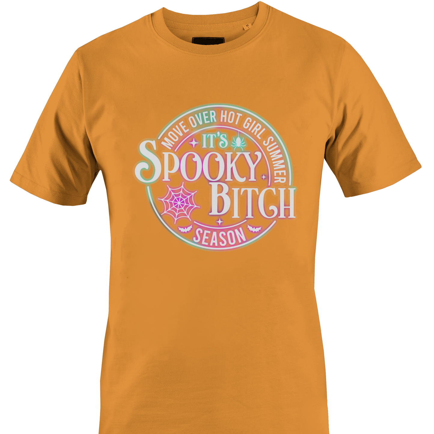 Orange t-shirt with colorful Halloween elements and text "...Spooky Bitch..." by Monkey's Creations. 