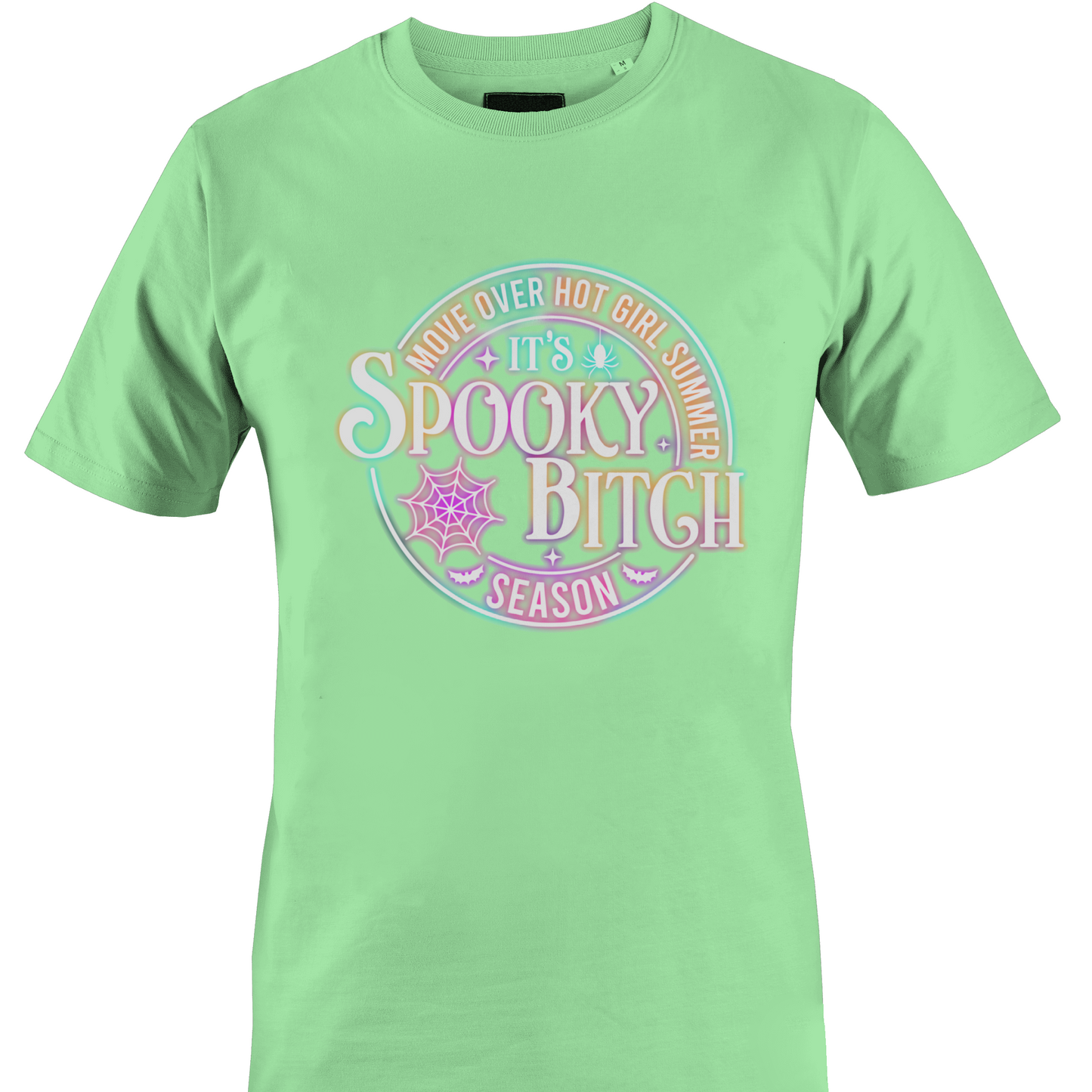 Light green t-shirt with colorful Halloween elements and text "...Spooky Bitch..." by Monkey's Creations. 