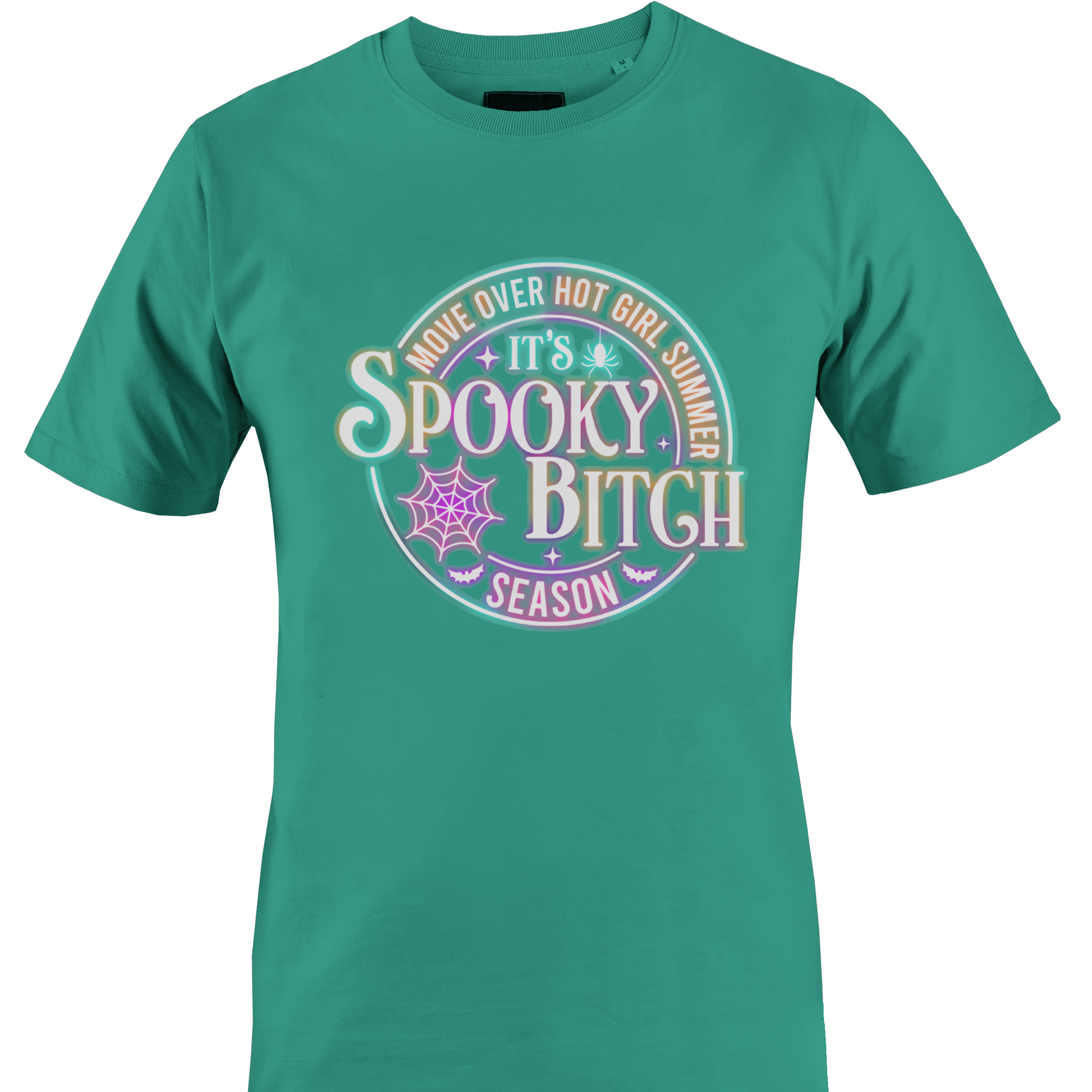 Teal t-shirt with colorful Halloween elements and text "...Spooky Bitch..." by Monkey's Creations. 