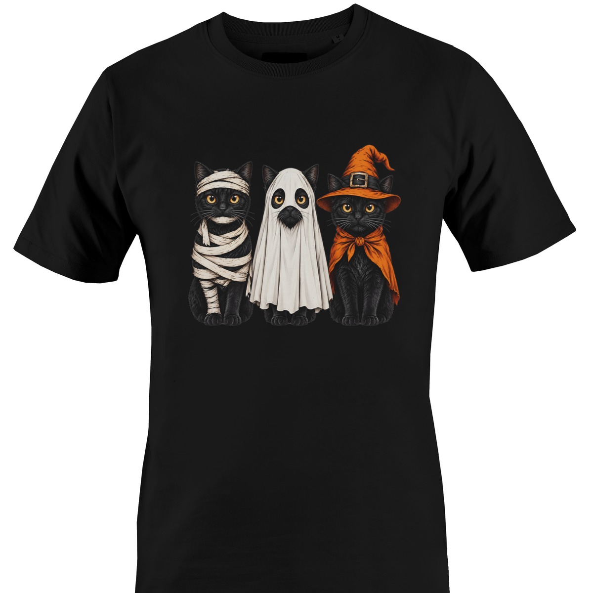 A black short-sleeve crewneck t-shirt featuring a graphic print of three black cats dressed in Halloween costumes (as a mummy, a ghost, and as a witch) by Monkey's Creations.
