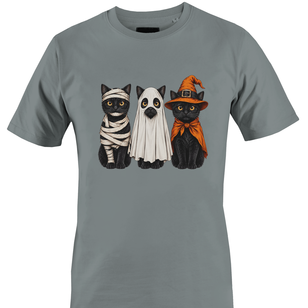 A gray short-sleeve crewneck t-shirt featuring a graphic print of three black cats dressed in Halloween costumes (as a mummy, a ghost, and as a witch) by Monkey's Creations.
