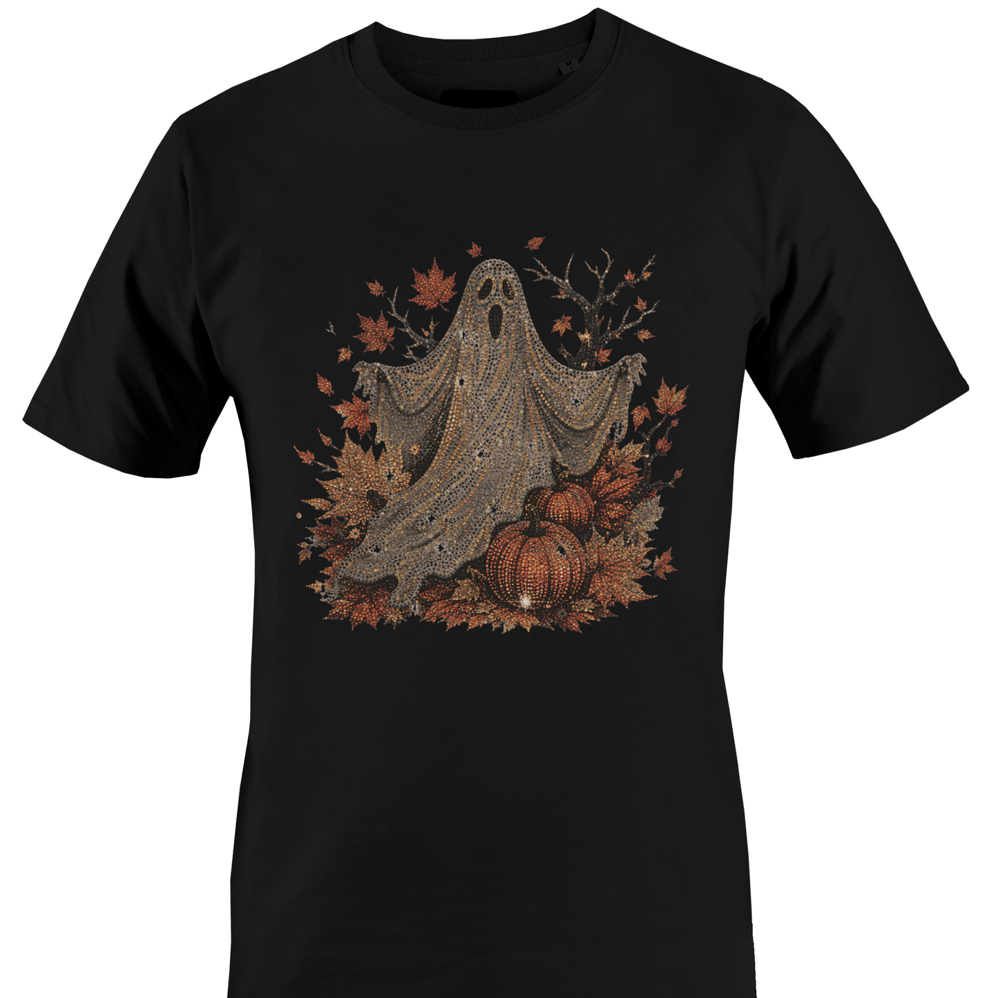 Black t-shirt with a ghost surrounded by leaves, pumpkins and a dead tree for Halloween by Monkey's Creations. 