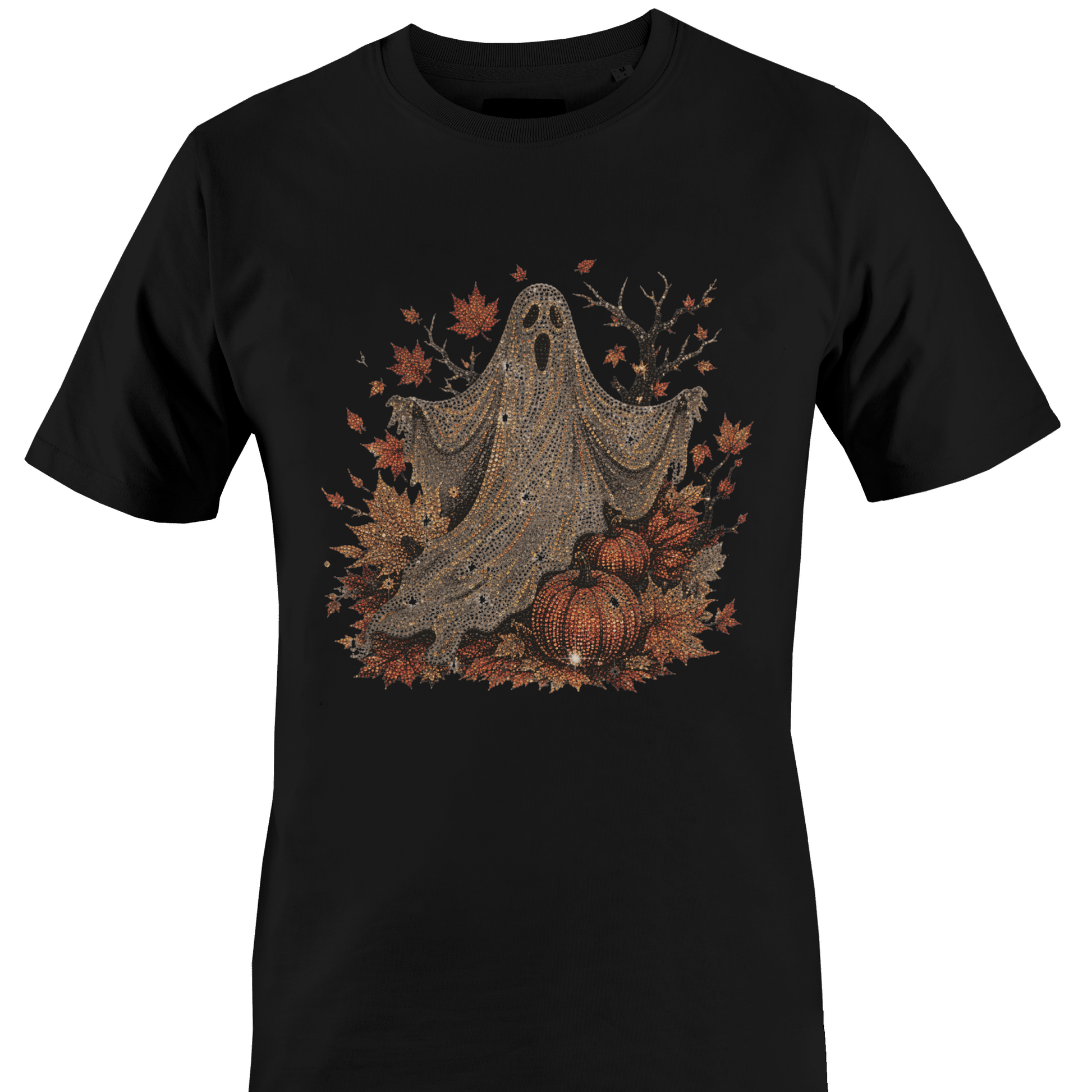 Black t-shirt with a ghost surrounded by leaves, pumpkins and a dead tree for Halloween by Monkey's Creations. 