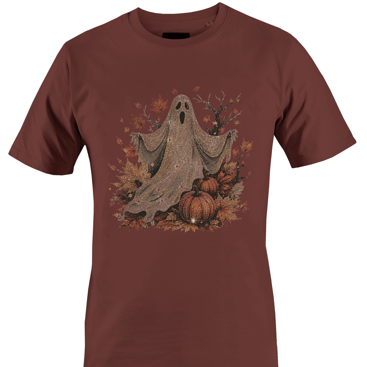 Brown t-shirt with a ghost surrounded by leaves, pumpkins and a dead tree for Halloween by Monkey's Creations. 