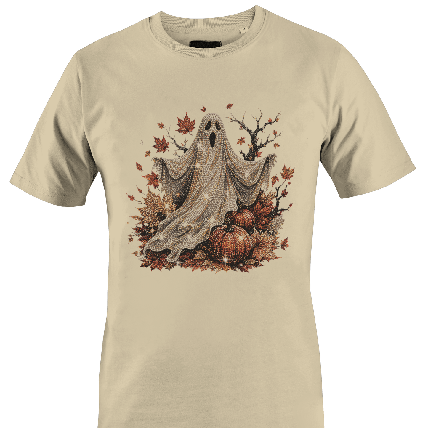 Tan t-shirt with a ghost surrounded by leaves, pumpkins and a dead tree for Halloween by Monkey's Creations. 