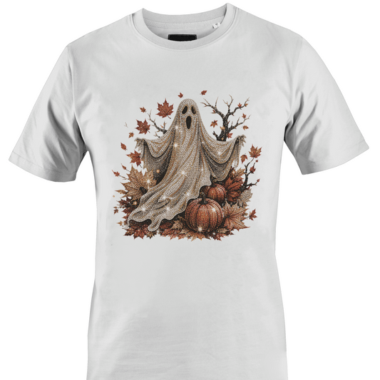 White t-shirt with a ghost surrounded by leaves, pumpkins and a dead tree for Halloween by Monkey's Creations. 