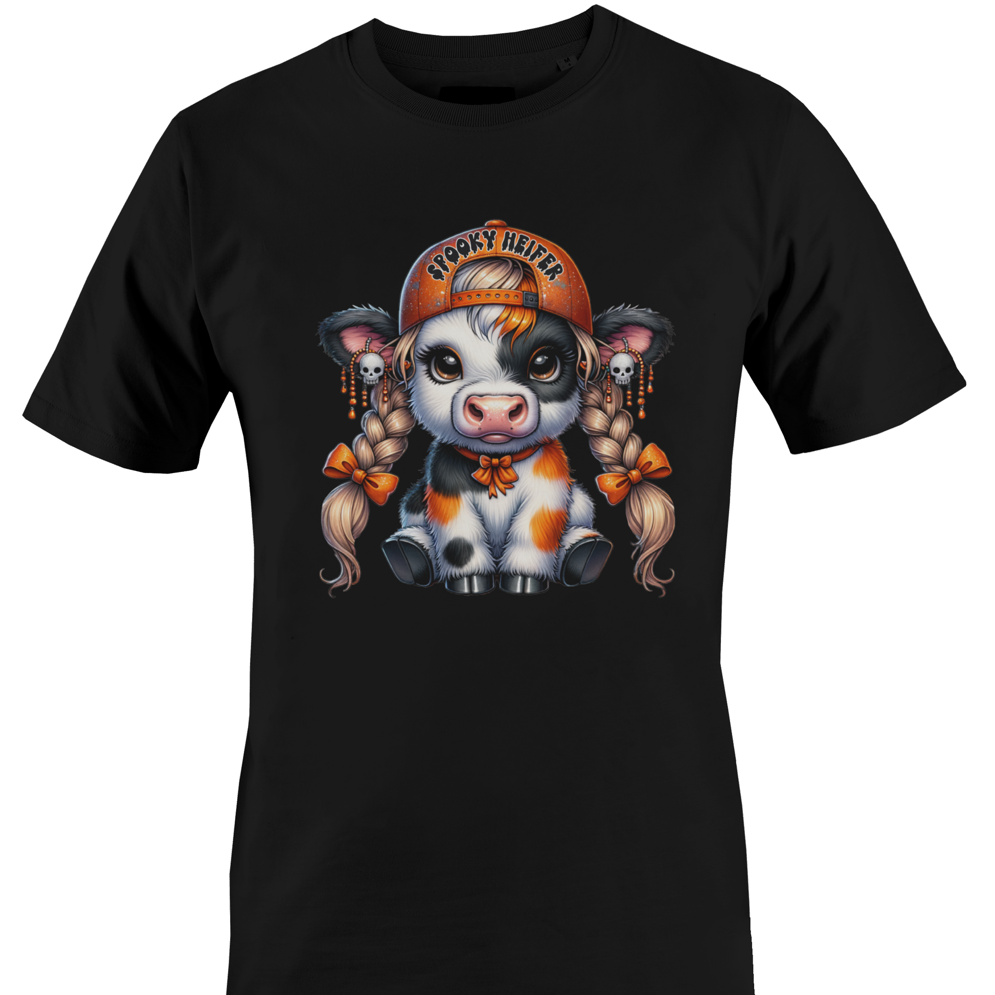A black short-sleeve crewneck t-shirt featuring a colorful graphic of a cute cartoon cow wearing an orange baseball cap with the text 'spooky heifer' by Monkey's Creations.