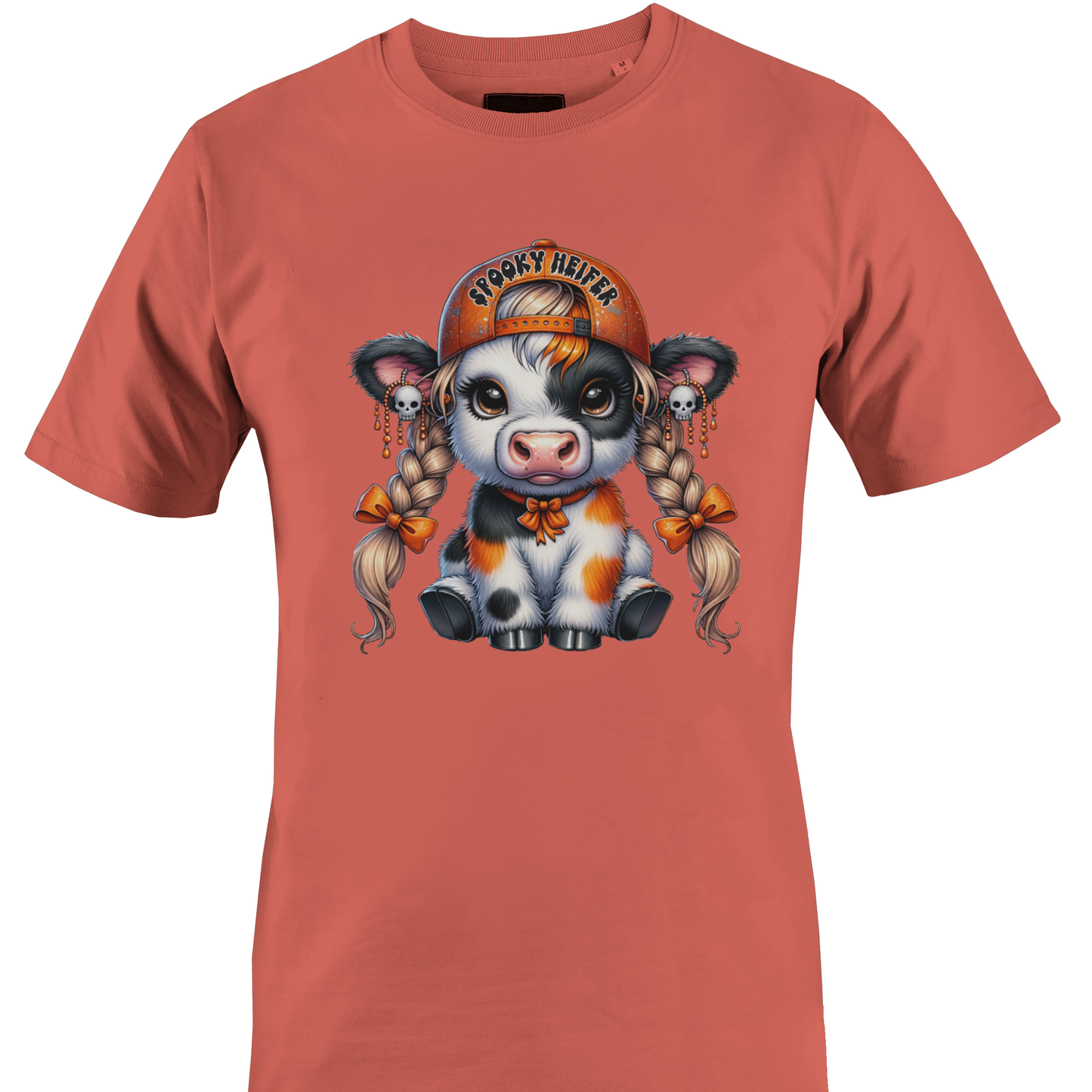 A coral short-sleeve crewneck t-shirt featuring a colorful graphic of a cute cartoon cow wearing an orange baseball cap with the text 'spooky heifer' by Monkey's Creations.