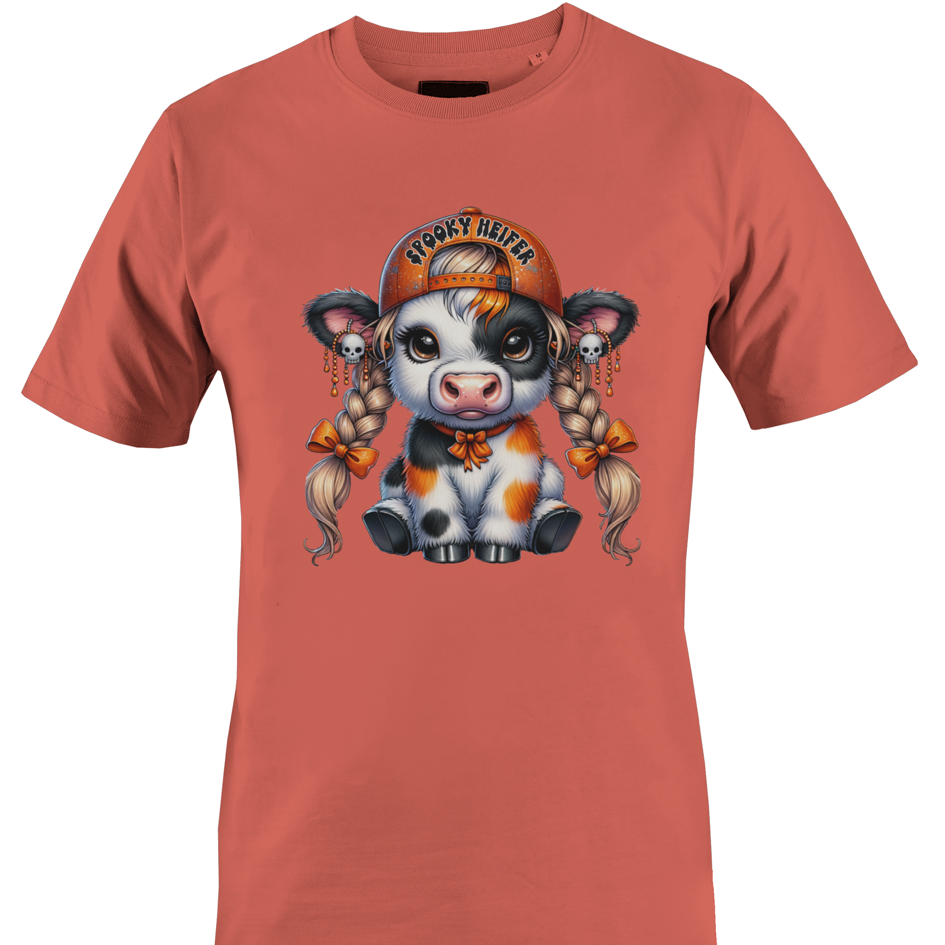 A coral short-sleeve crewneck t-shirt featuring a colorful graphic of a cute cartoon cow wearing an orange baseball cap with the text 'spooky heifer' by Monkey's Creations.
