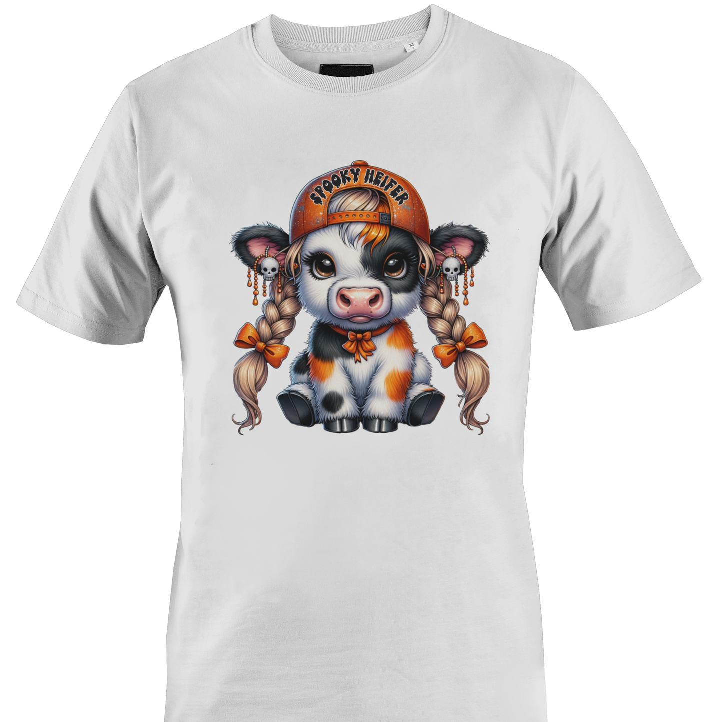 A white short-sleeve crewneck t-shirt featuring a colorful graphic of a cute cartoon cow wearing an orange baseball cap with the text 'spooky heifer' by Monkey's Creations.