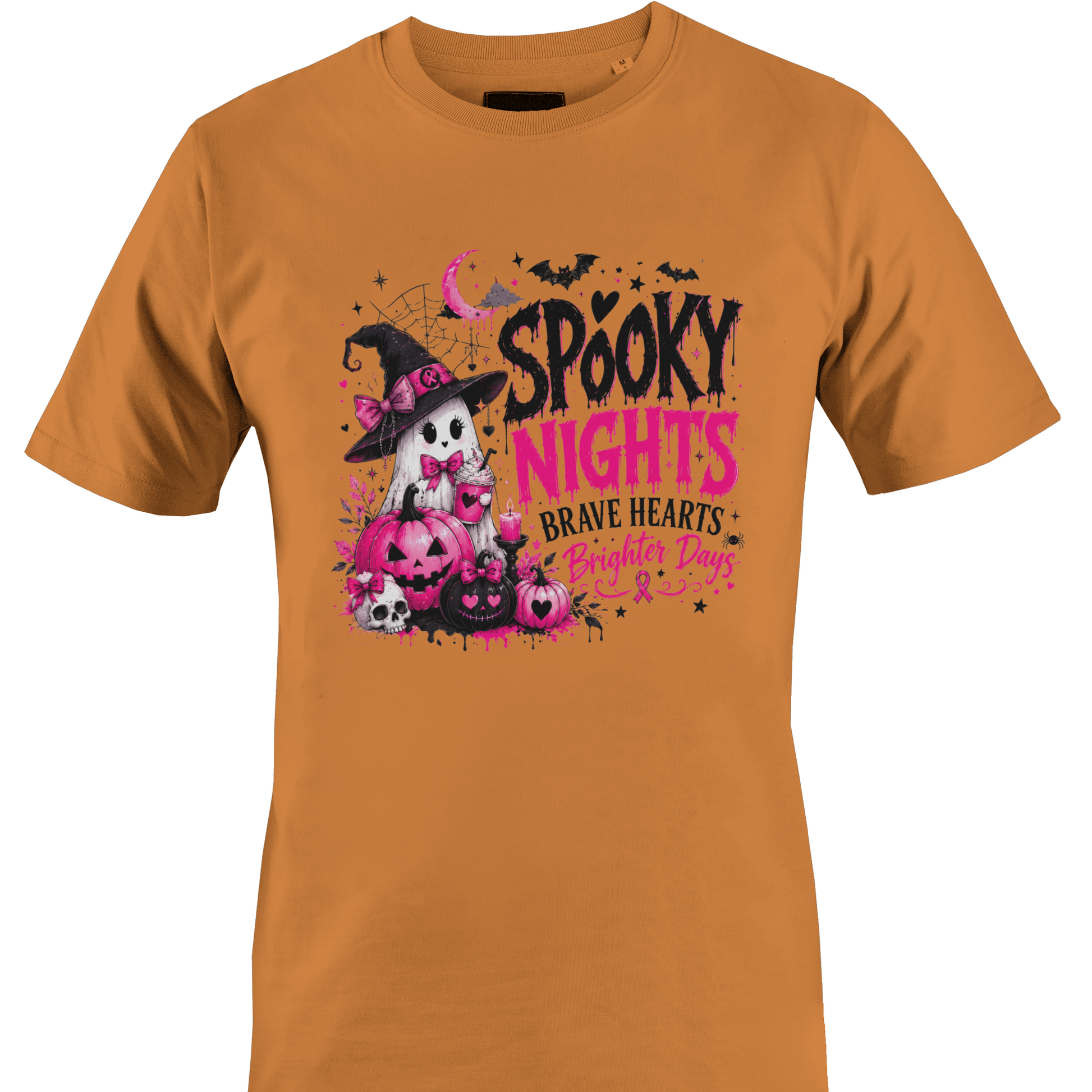 Orange t-shirt with a ghost surrounded by pink and black pumpkins and the text "spooky nights - brave hearts - brighter days" and a breast cancer awareness pink ribbon by Monkey's Creations. 