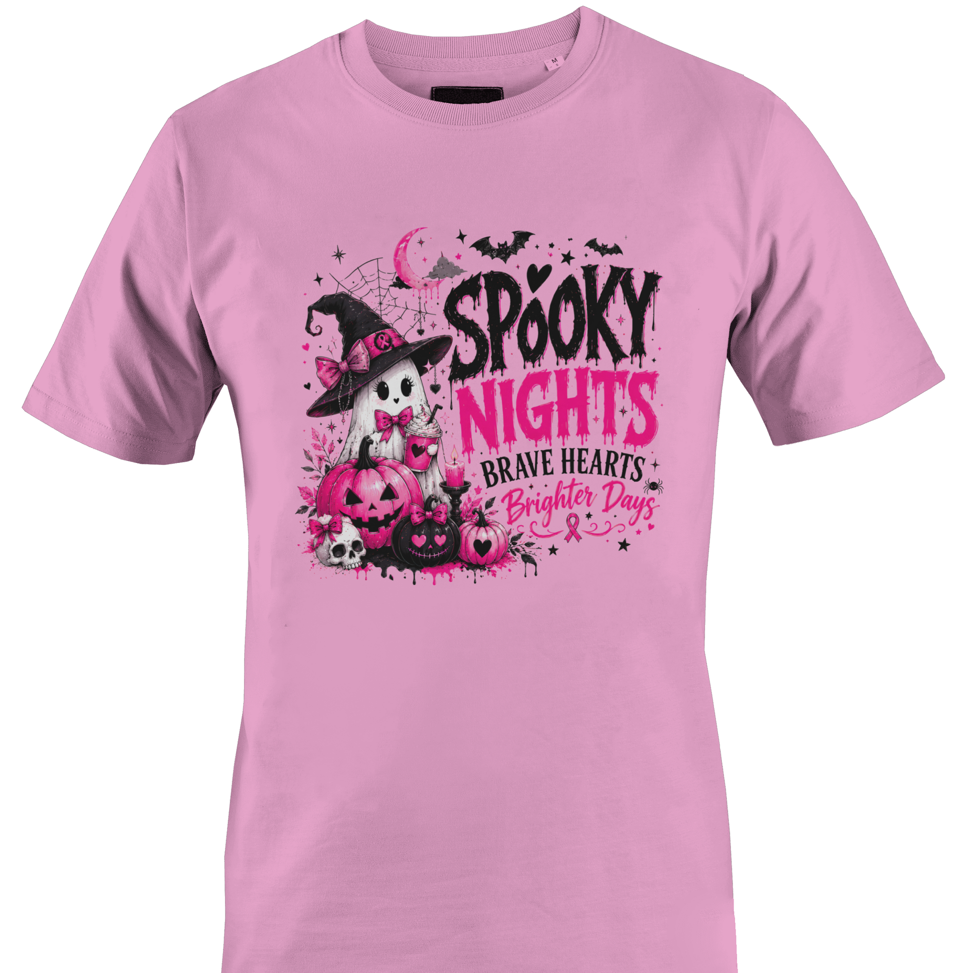 Light pink t-shirt with a ghost surrounded by pink and black pumpkins and the text "spooky nights - brave hearts - brighter days" and a breast cancer awareness pink ribbon by Monkey's Creations. 