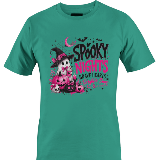 Teal t-shirt with a ghost surrounded by pink and black pumpkins and the text "spooky nights - brave hearts - brighter days" and a breast cancer awareness pink ribbon by Monkey's Creations. 