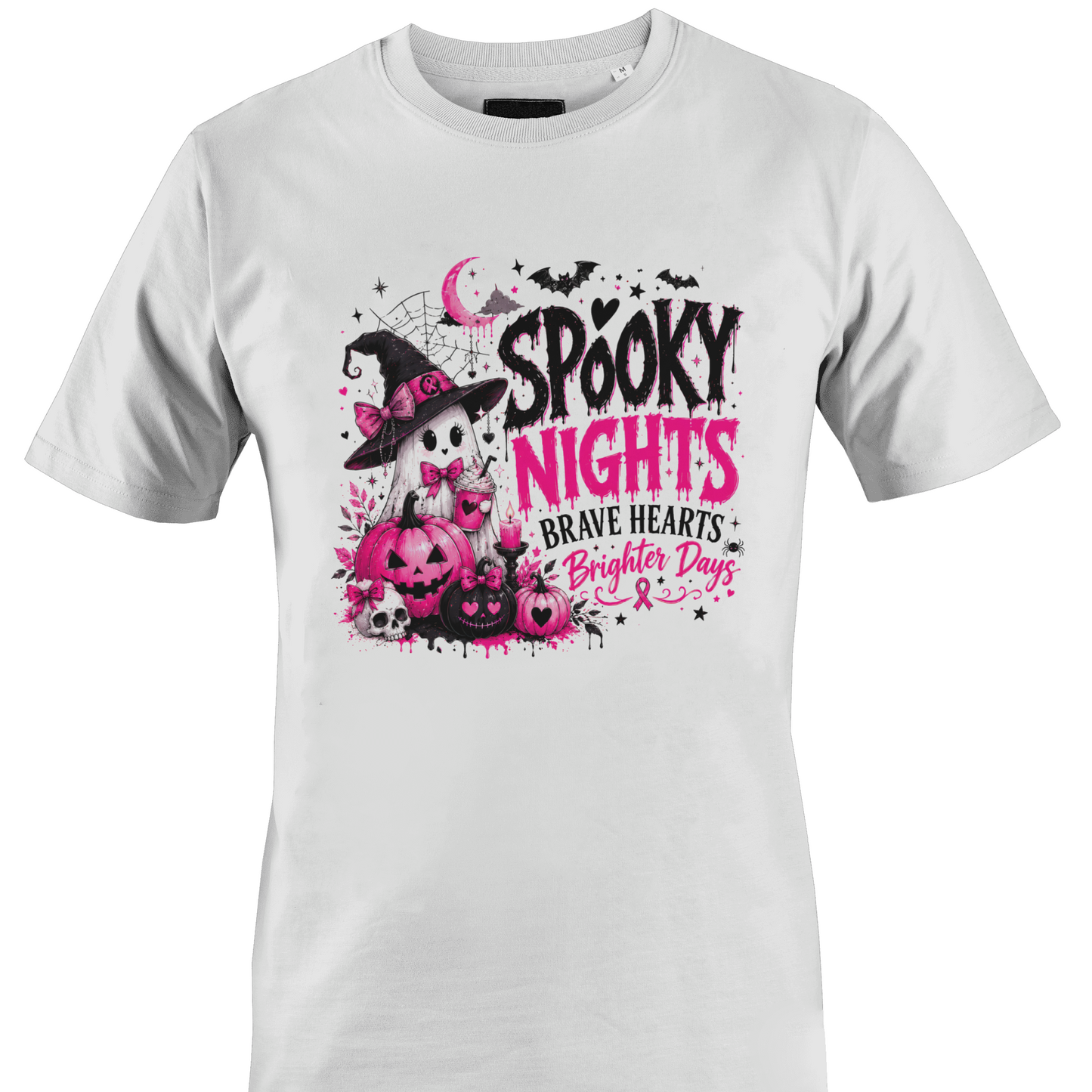 White t-shirt with a ghost surrounded by pink and black pumpkins and the text "spooky nights - brave hearts - brighter days" and a breast cancer awareness pink ribbon by Monkey's Creations. 
