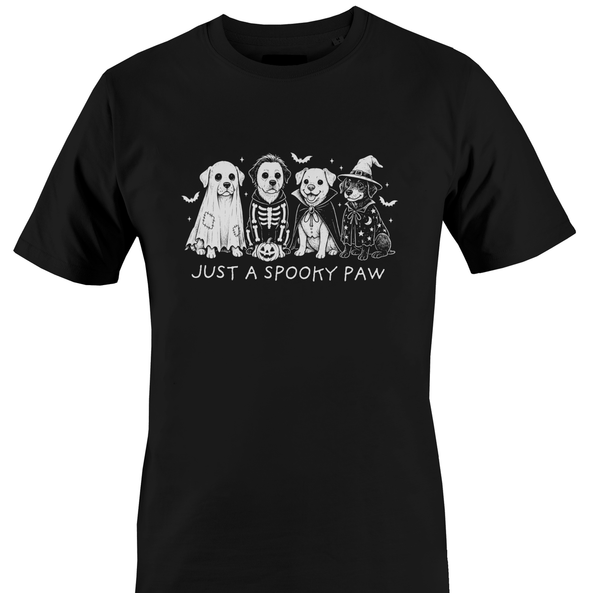 A black short-sleeve crewneck t-shirt featuring a white graphic print of four dogs dressed as a ghost, skeleton, vampire and witch, with the text 'JUST A SPOOKY PAW' underneath by Monkey's Creations.