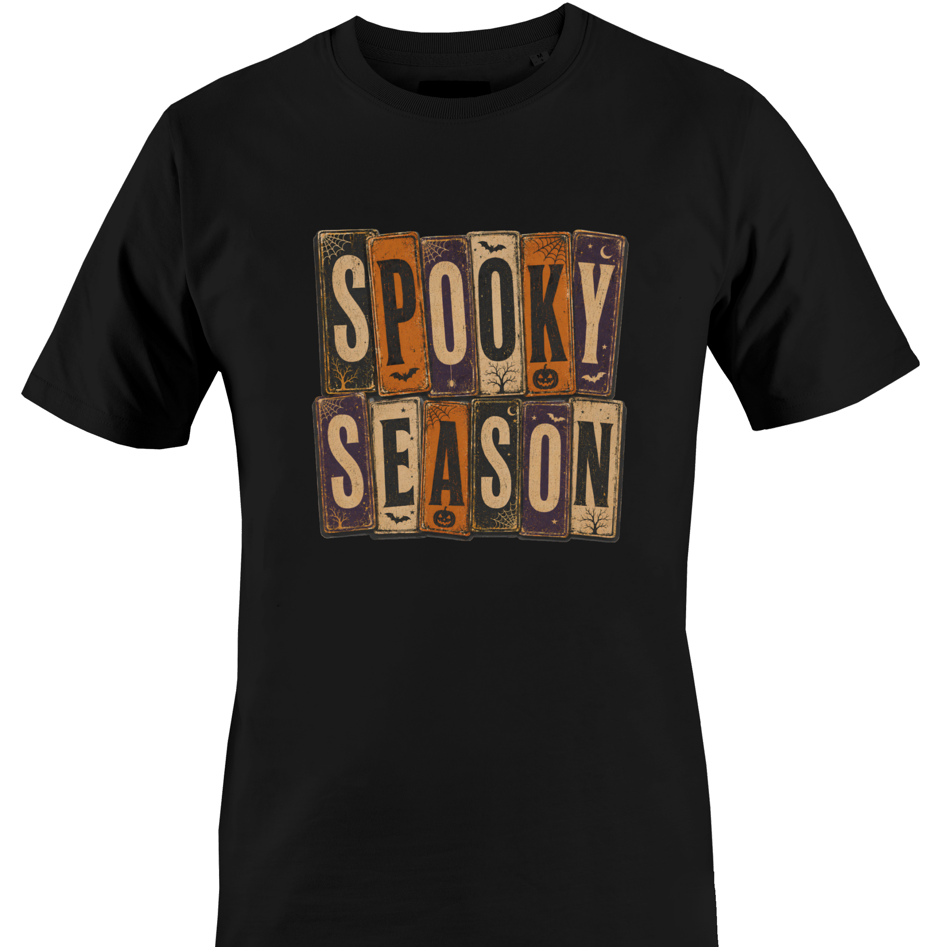 Black t-shirt with 'Spooky Season' text and Halloween elements by Monkey's Creations.