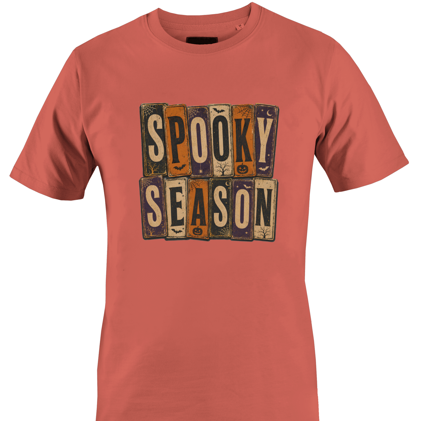 Coral t-shirt with 'Spooky Season' text and Halloween elements by Monkey's Creations.