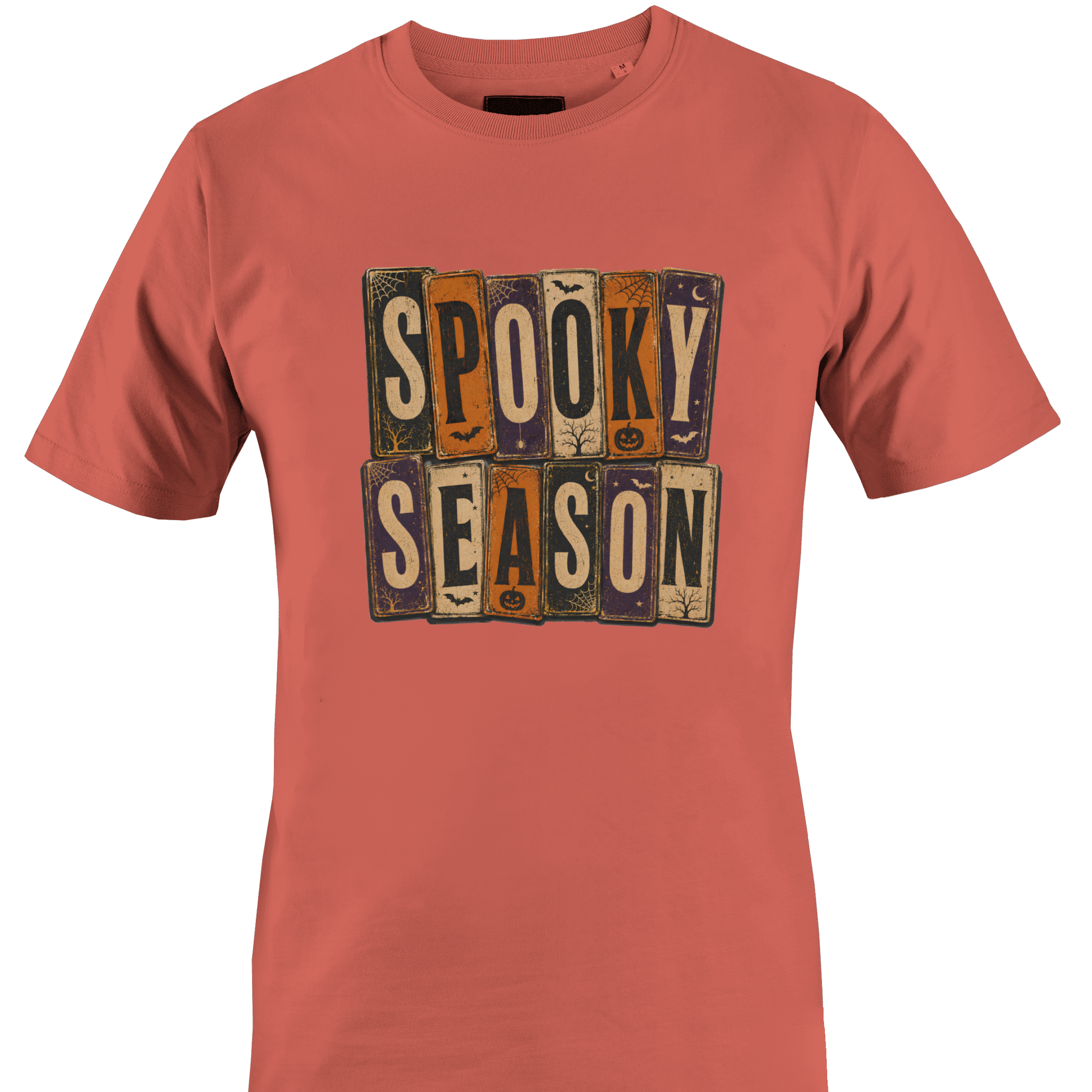 Coral t-shirt with 'Spooky Season' text and Halloween elements by Monkey's Creations.