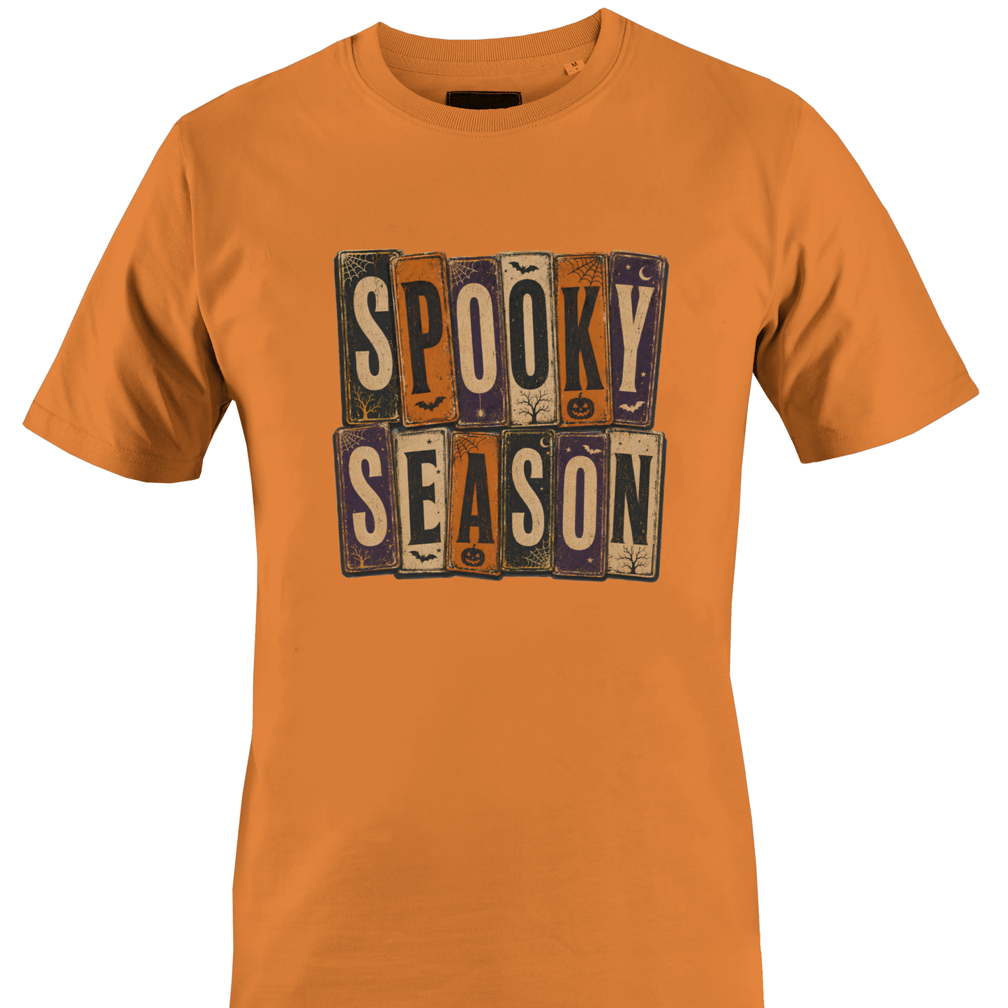 Orange t-shirt with 'Spooky Season' text and Halloween elements by Monkey's Creations.