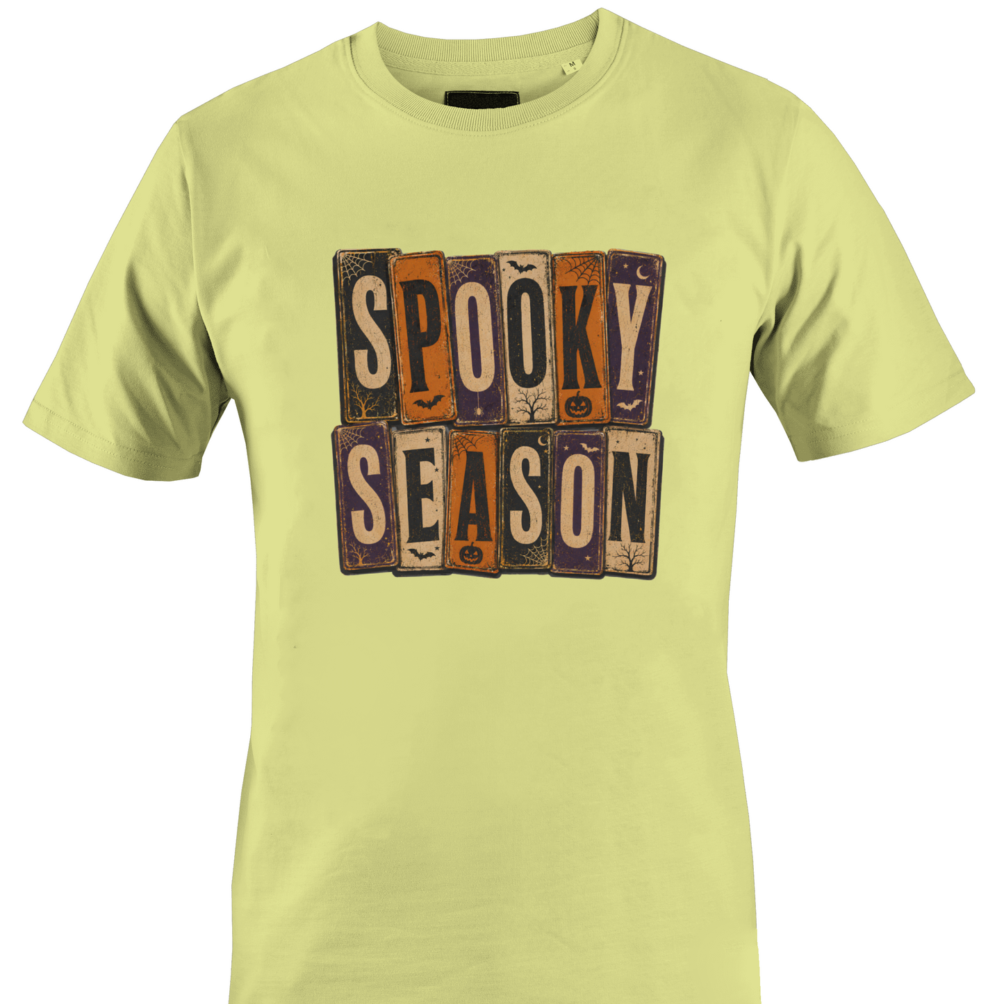 Yellow t-shirt with 'Spooky Season' text and Halloween elements by Monkey's Creations. 