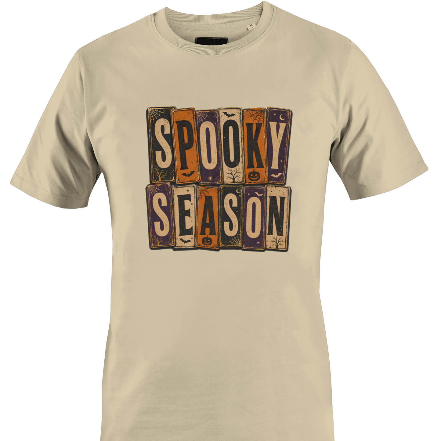 Tan t-shirt with 'Spooky Season' text and Halloween elements by Monkey's Creations.