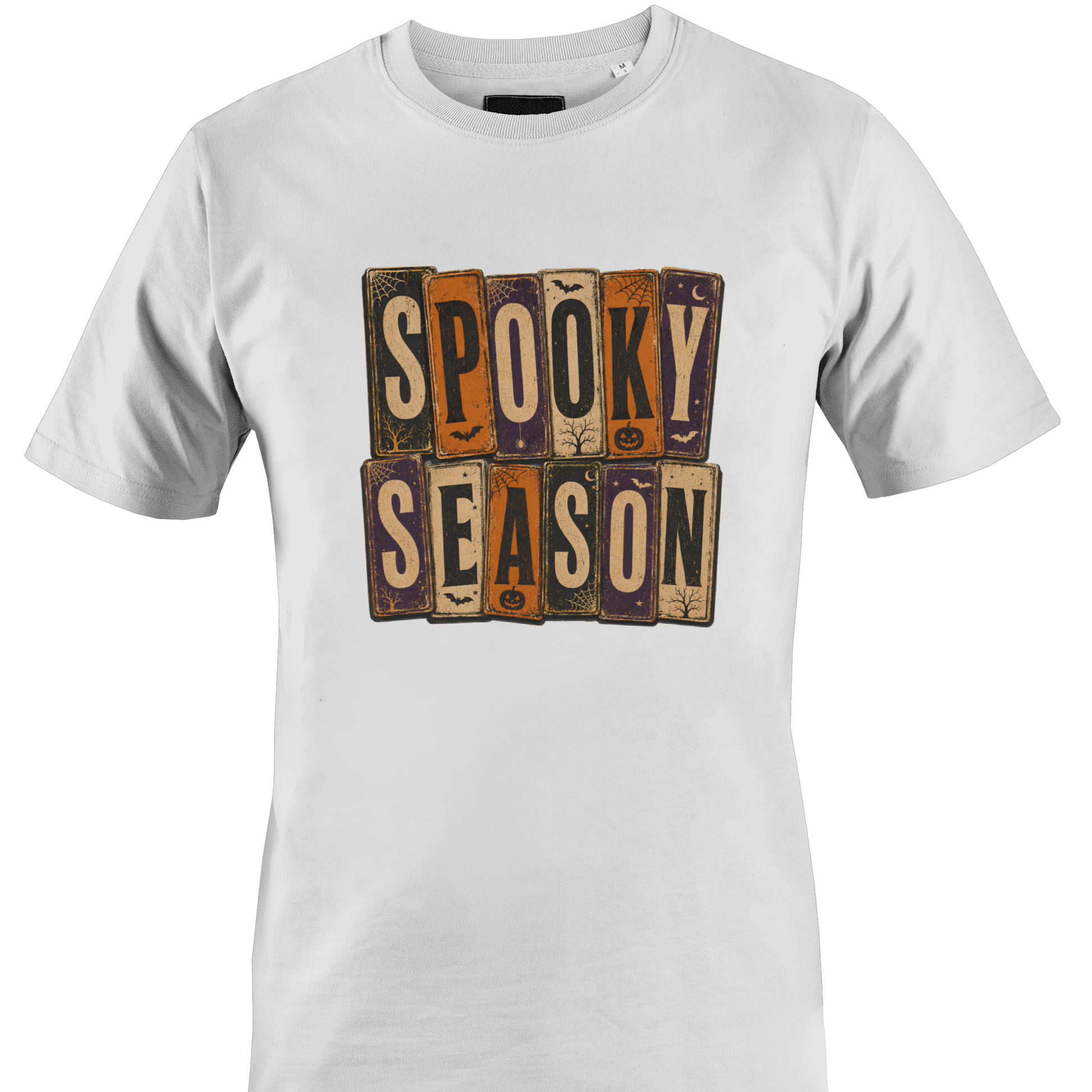 White t-shirt with 'Spooky Season' text and Halloween elements by Monkey's Creations.