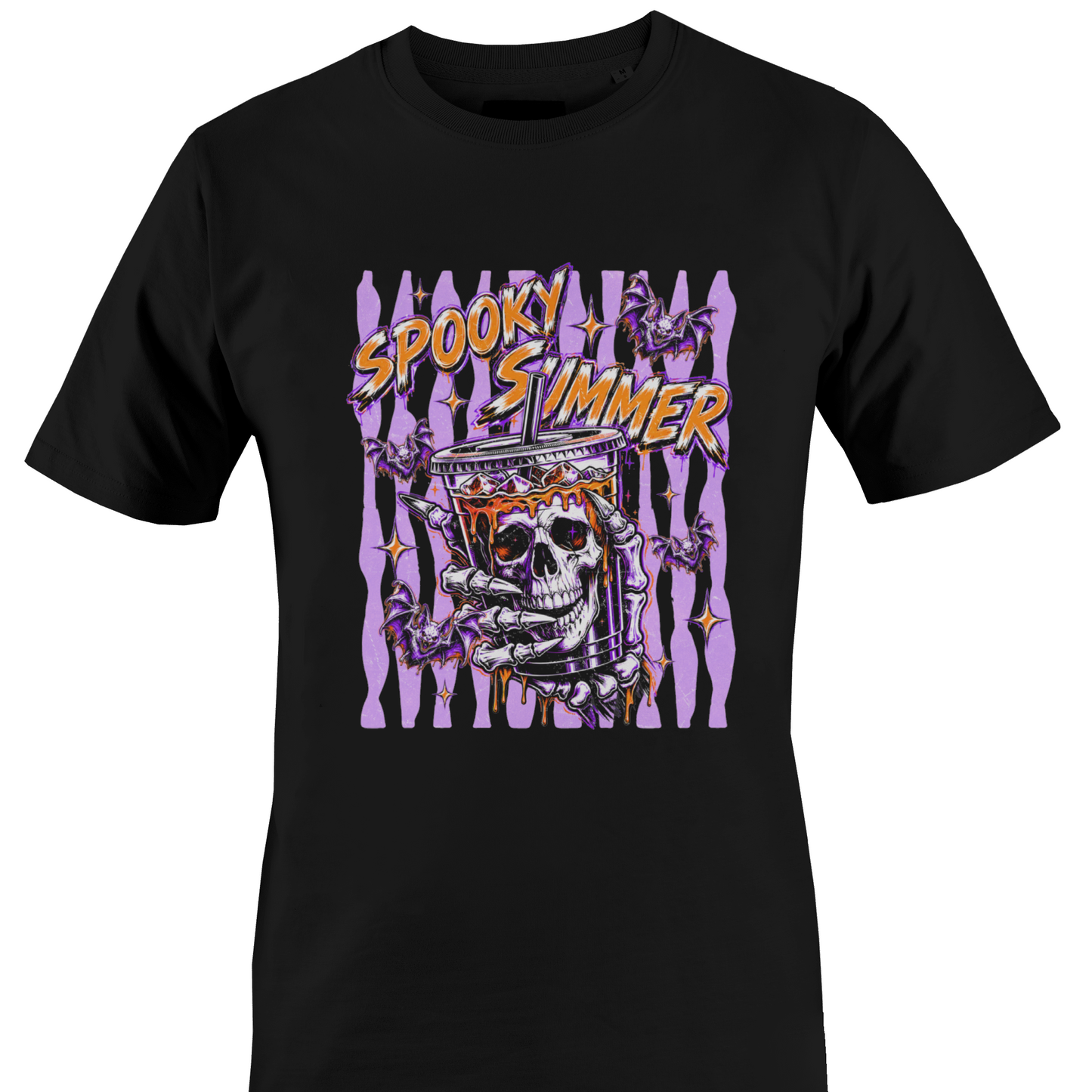 Black t-shirt with 'Spooky Summer' text bats and a skeleton and purple stripes and orange highlights by Monkey's creations. 
