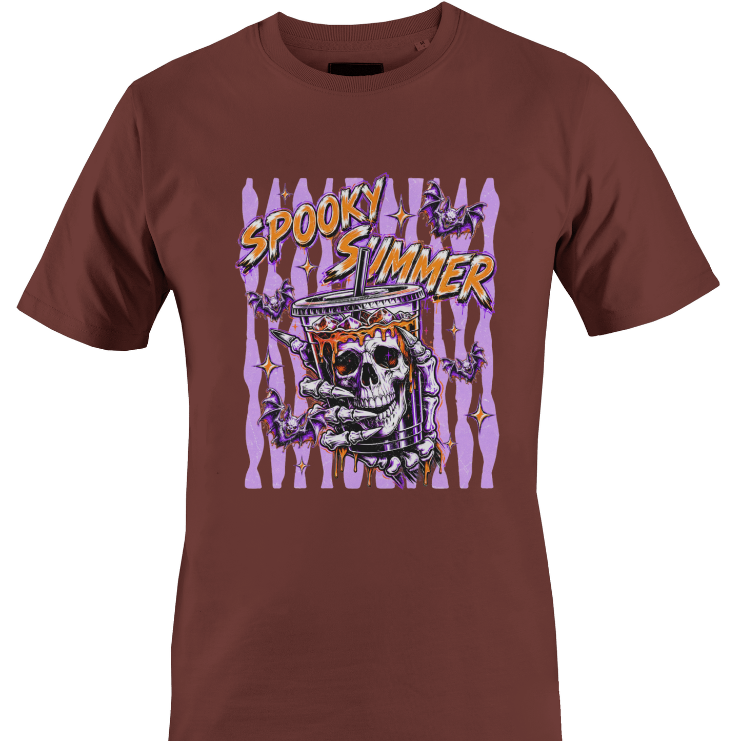 Brown t-shirt with 'Spooky Summer' text bats and a skeleton and purple stripes and orange highlights by Monkey's creations.  