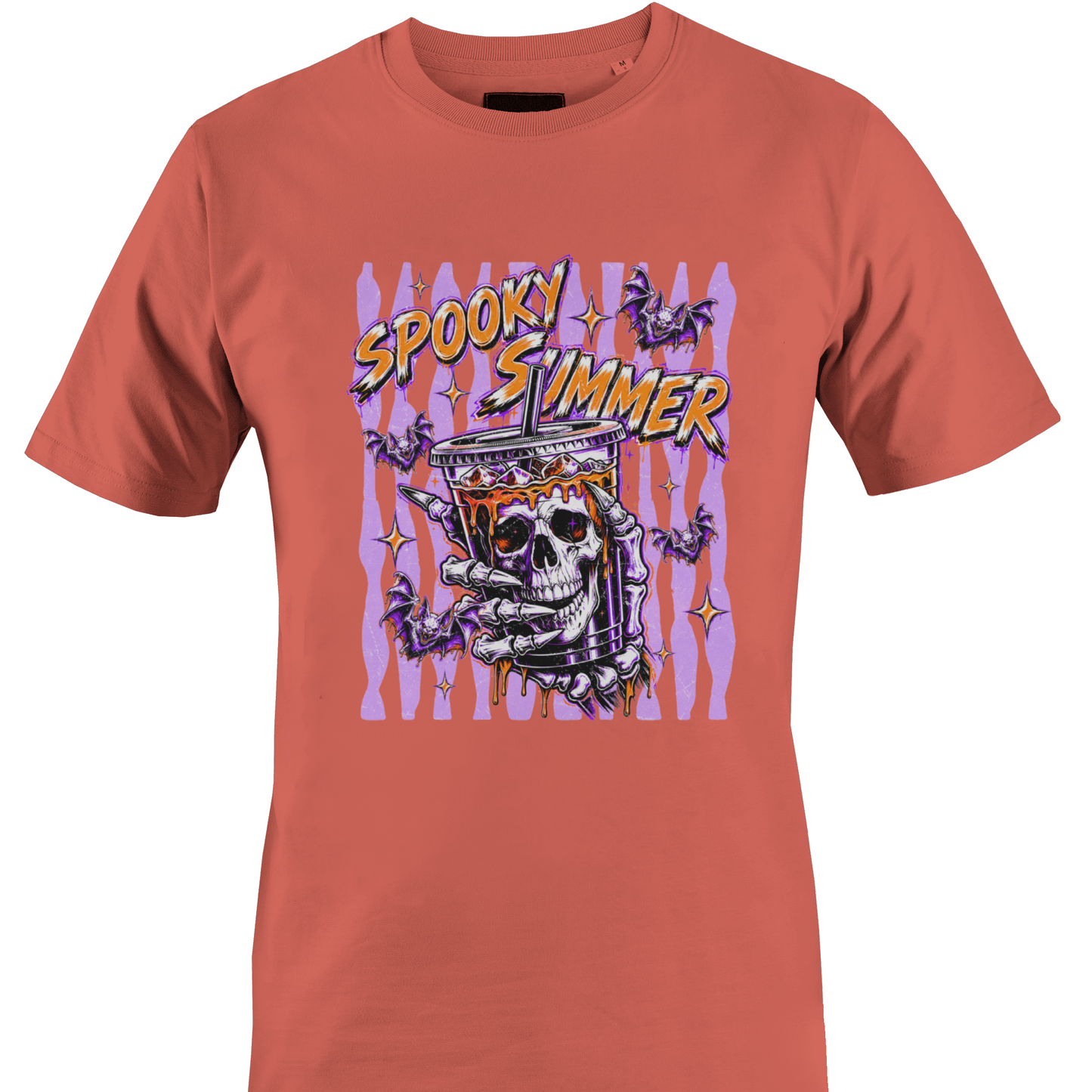 Coral t-shirt with 'Spooky Summer' text bats and a skeleton and purple stripes and orange highlights by Monkey's creations.  