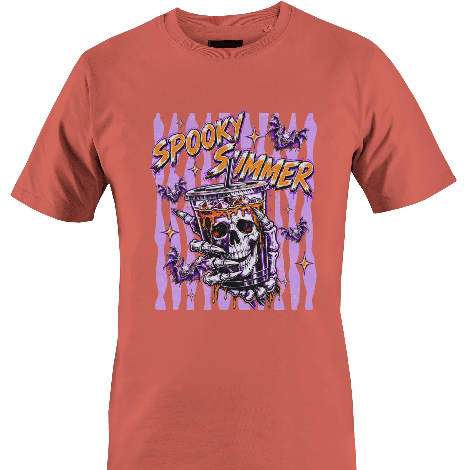 Coral t-shirt with 'Spooky Summer' text bats and a skeleton and purple stripes and orange highlights by Monkey's creations.  