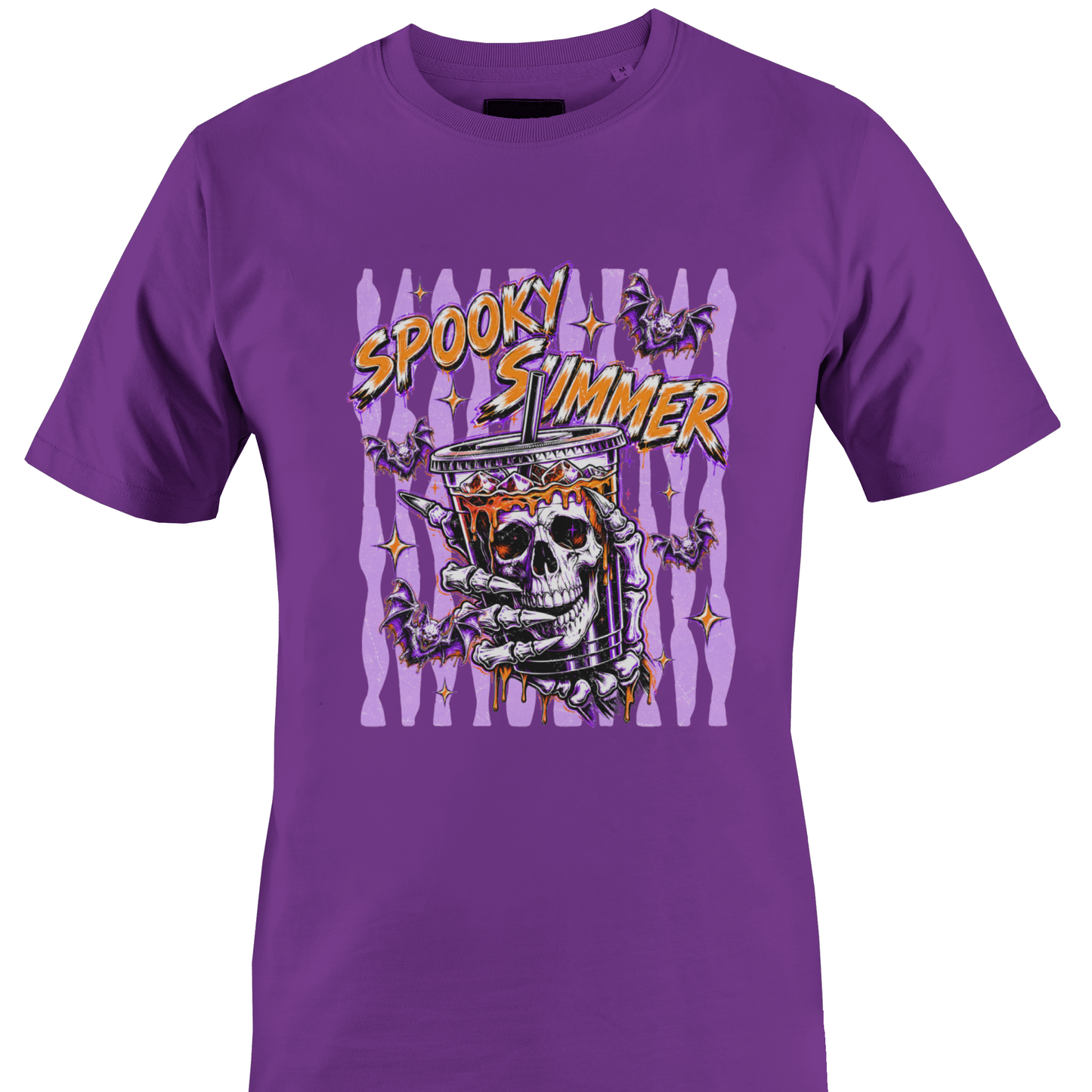 Purple t-shirt with 'Spooky Summer' text bats and a skeleton and purple stripes and orange highlights by Monkey's creations. 