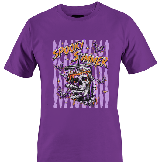 Purple t-shirt with 'Spooky Summer' text bats and a skeleton and purple stripes and orange highlights by Monkey's creations. 